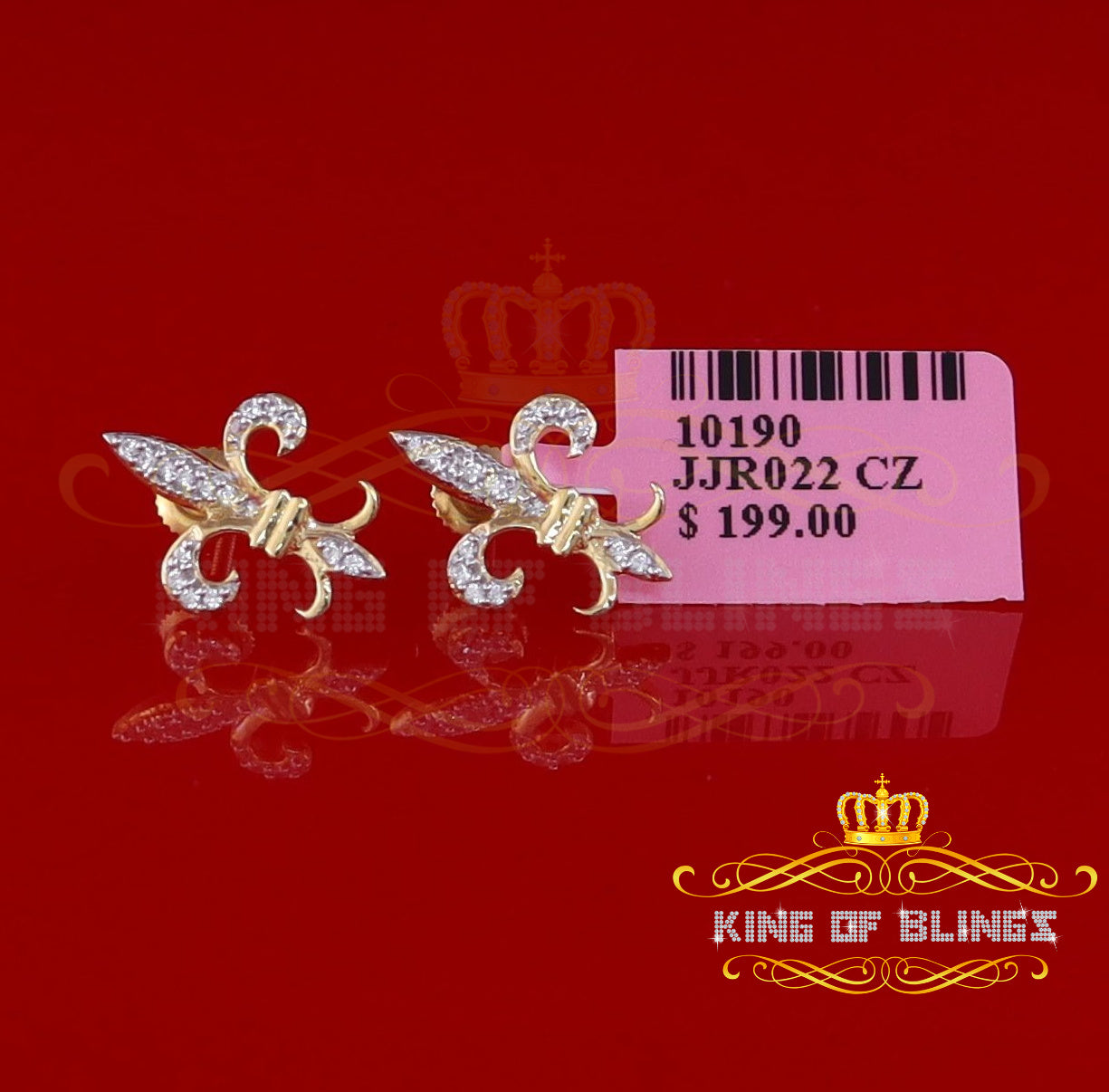 King of Bling's 925 Yellow Silver Fleur de Lis Screw Back 0.25ct Cubic Zirconia Ladies Earrings KING OF BLINGS