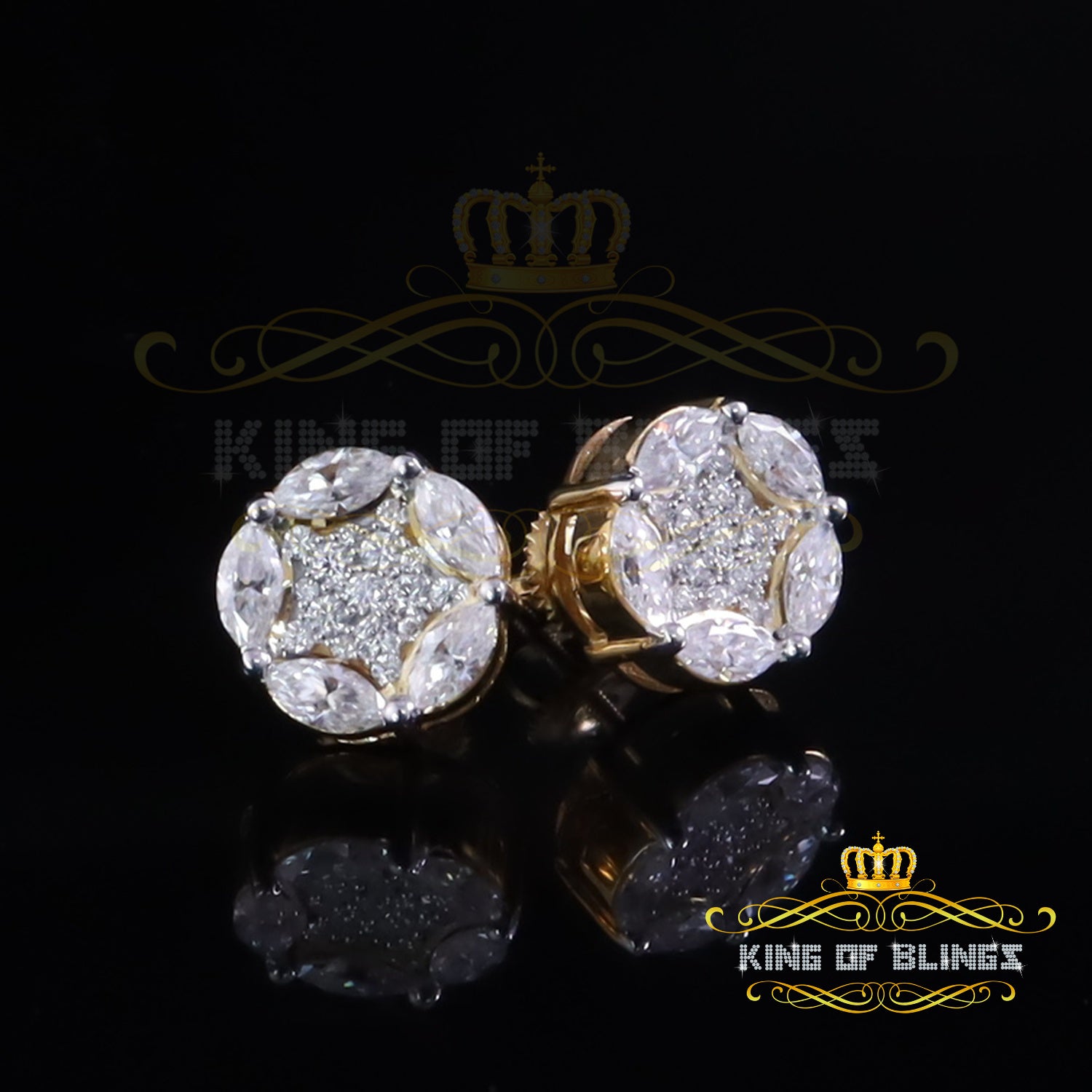 King  of Bling's 925 Sterling Silver Yellow Marquise Women Round Stud Earrings 3.00ct moissanite KING OF BLINGS