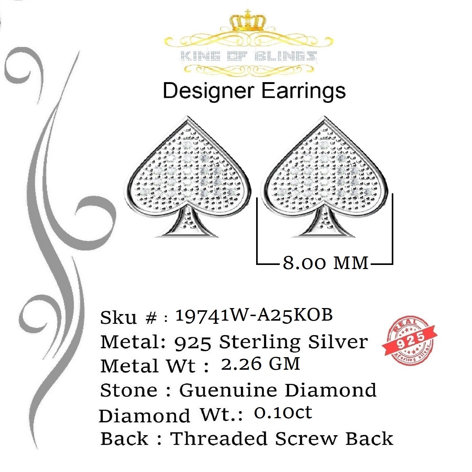 King Of Bling's 925 Sterling Silver White 0.10ct Diamond For Women's / Men's Stud Heart Earring KING OF BLINGS