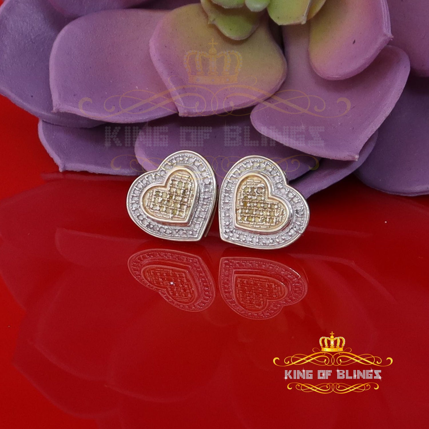 King of Blings-Aretes Para Hombre Heart 925 Yellow Silver 0.30ct Diamond Women's /Men's Earring KING OF BLINGS