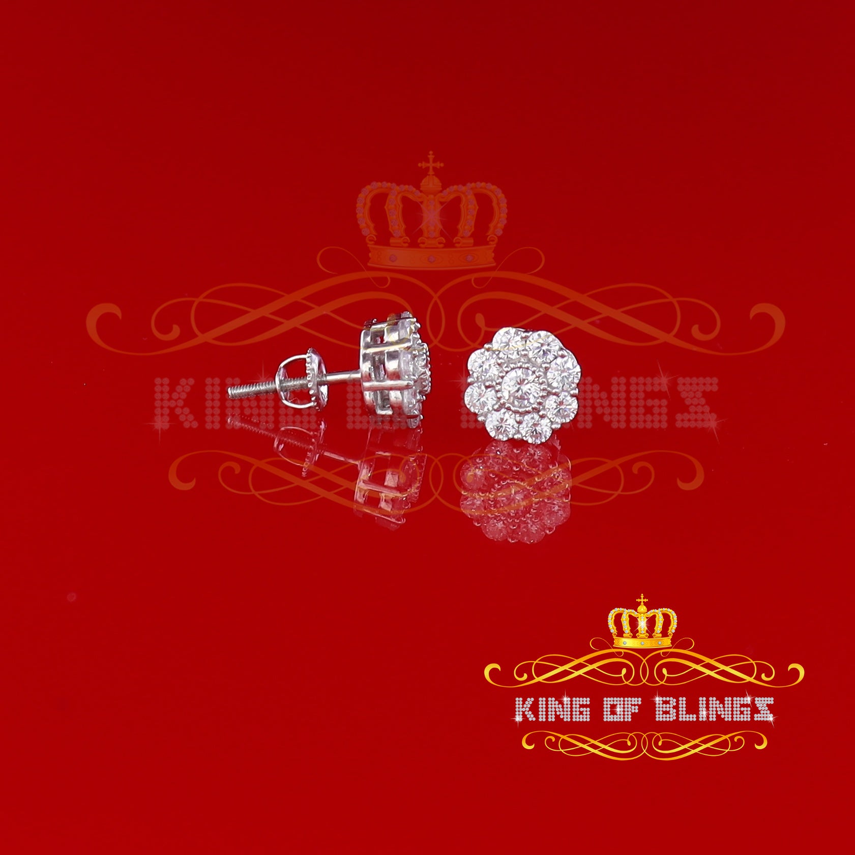 King of Blings- White 925 Silver 2.1ct Cubic Zirconia Women's & Men's Hip Hop Floral Earrings KING OF BLINGS