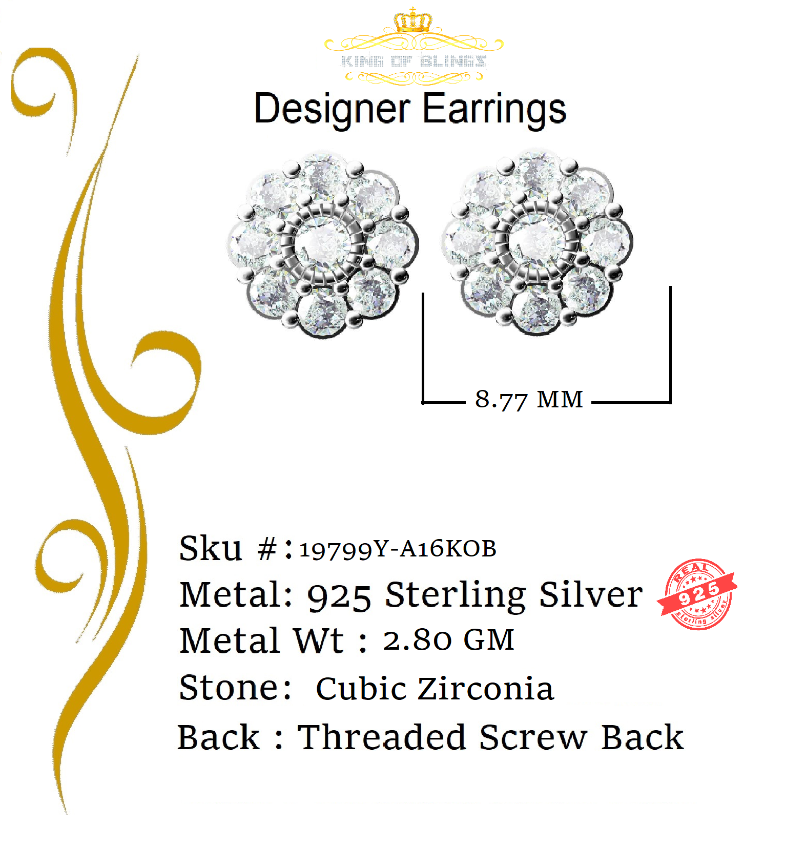 King of Bling's 925 Yellow Silver 2.88ct Cubic Zirconia Women's & Men's Hip Hop Floral Earrings KING OF BLINGS
