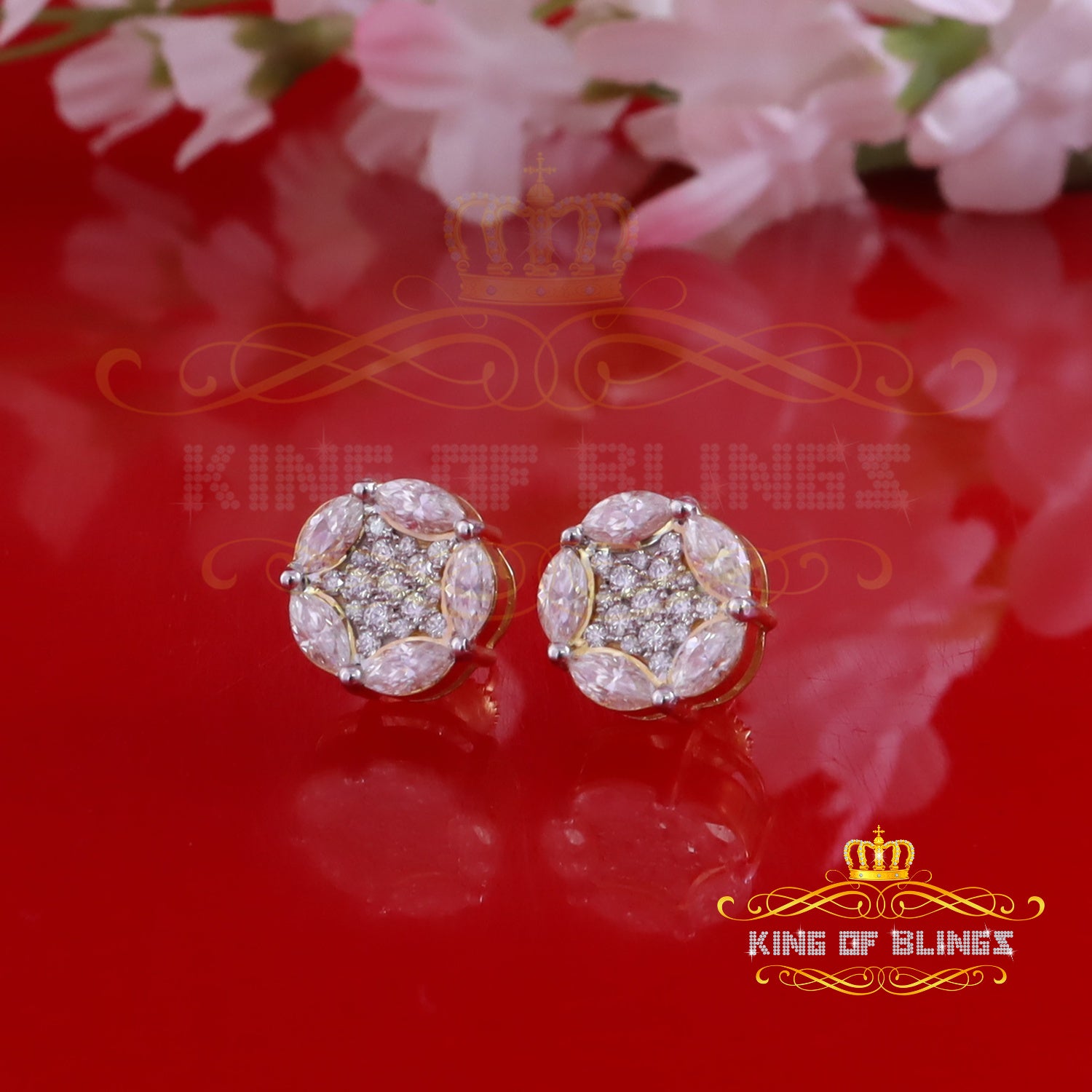 King  of Bling's 925 Sterling Silver Yellow Marquise Women Round Stud Earrings 3.00ct moissanite KING OF BLINGS