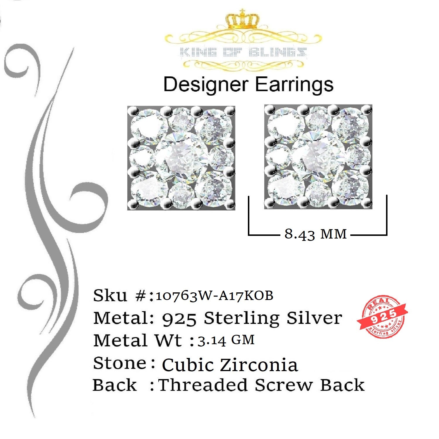 King of Blings- 925 White 1.46ct Sterling Silver Cubic Zirconia Women's & Men's Square Earrings KING OF BLINGS