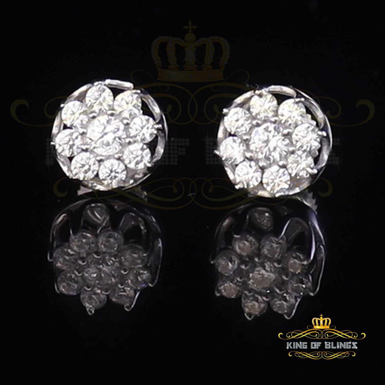 King of Blings- White 925 Silver Cubic 0.14ct Zirconia Women's & Men's Hip Hop Flower Earrings KING OF BLINGS