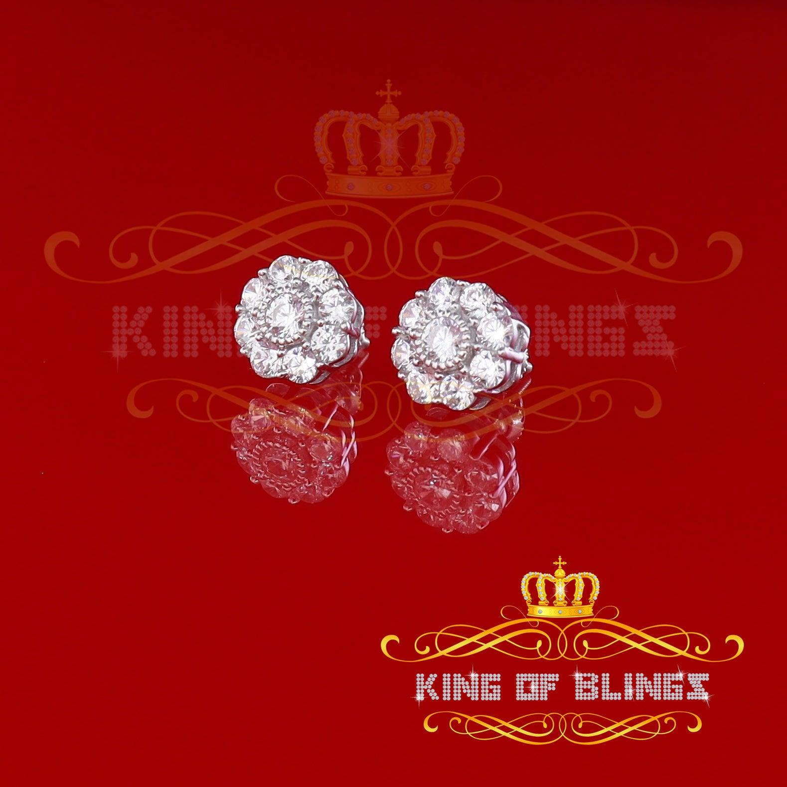 King of Blings- 925 White Sterling Silver 2.88ct Cubic Zirconia Women's Hip Hop Floral Earrings KING OF BLINGS