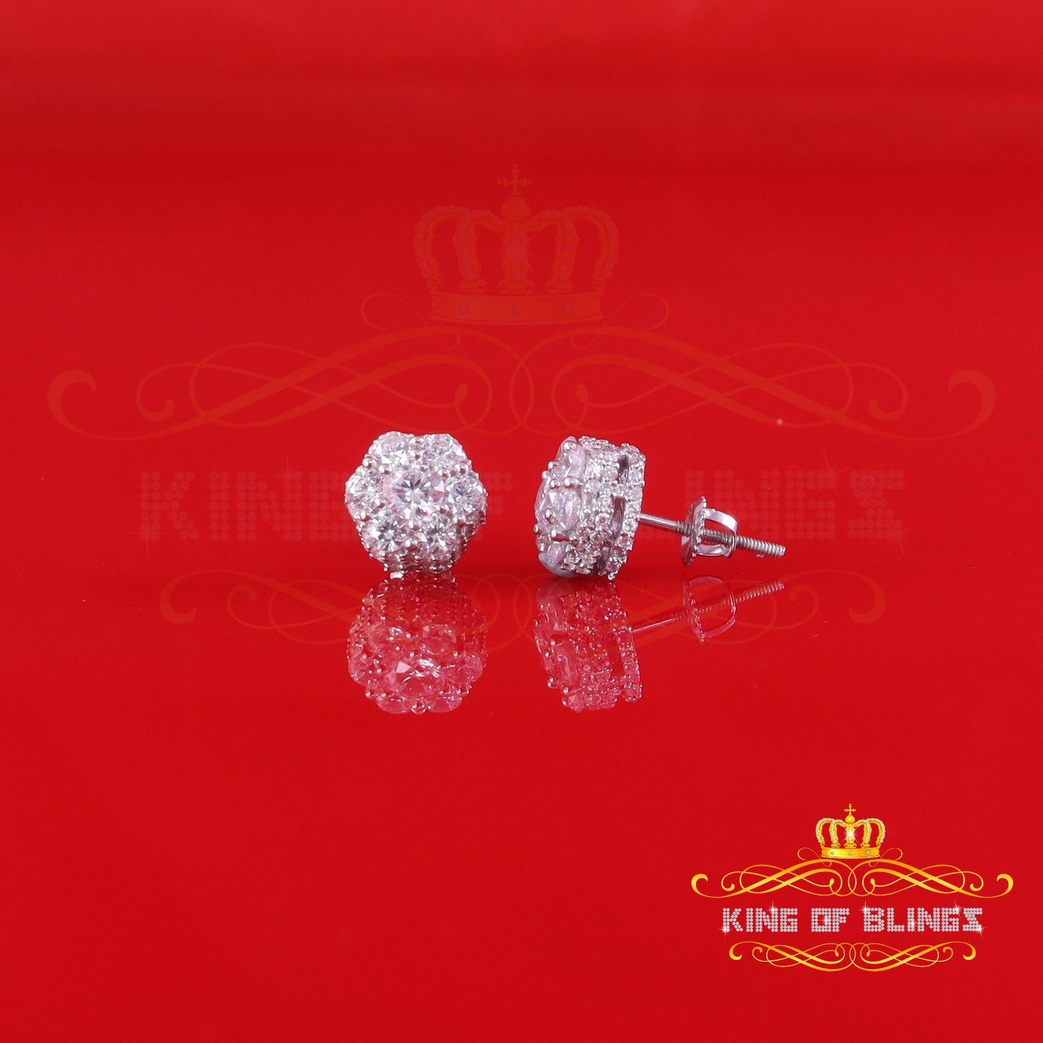 King of Blings- 1.50ct Cubic Zirconia 925 White Silver Sterling Hip Hop Floral Women's Earrings KING OF BLINGS
