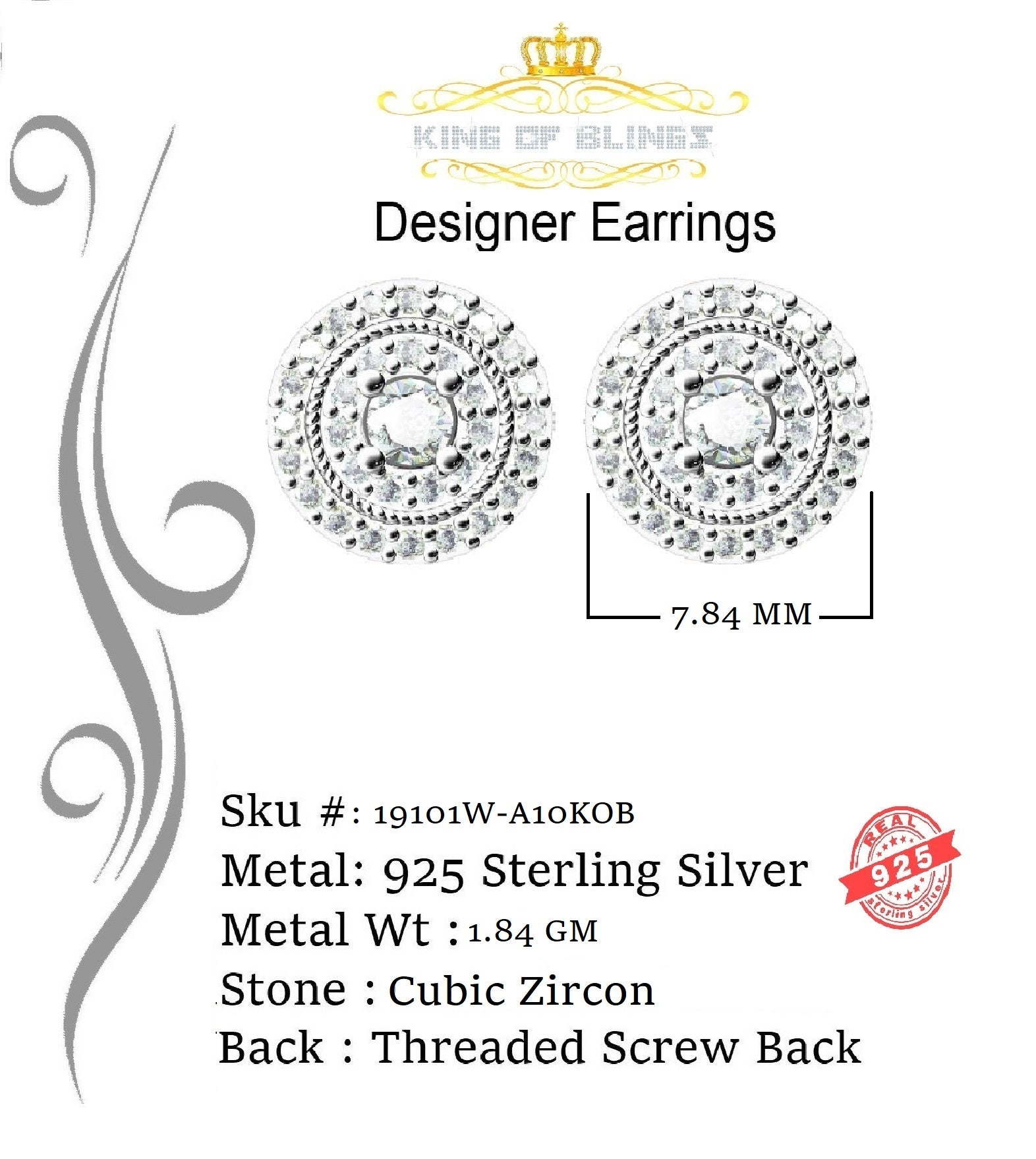King of Blings- White Sterling Silver 0.78ct Cubic Zirconia Ladies 925 Hip Hop Round Earrings KING OF BLINGS
