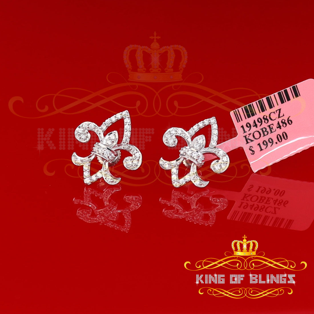 King of Blings- 925 White Silver 0.60ct Cubic Zirconia Fleur de Lis Screw Back Women's Earrings KING OF BLINGS