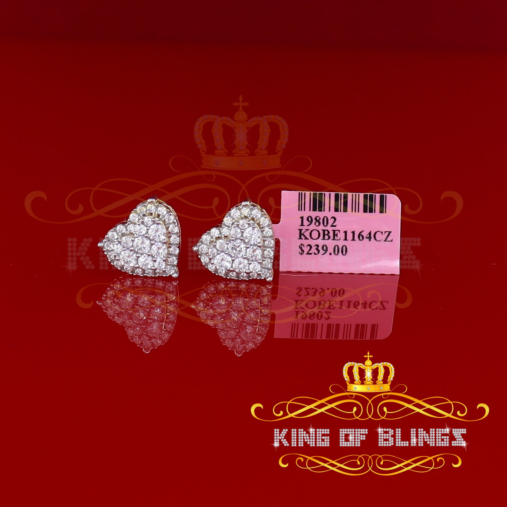 King of Bling's Aretes Para Hombre 925 Yellow Silver 2.68ct Cubic Zirconia Heart Women's Earring KING OF BLINGS