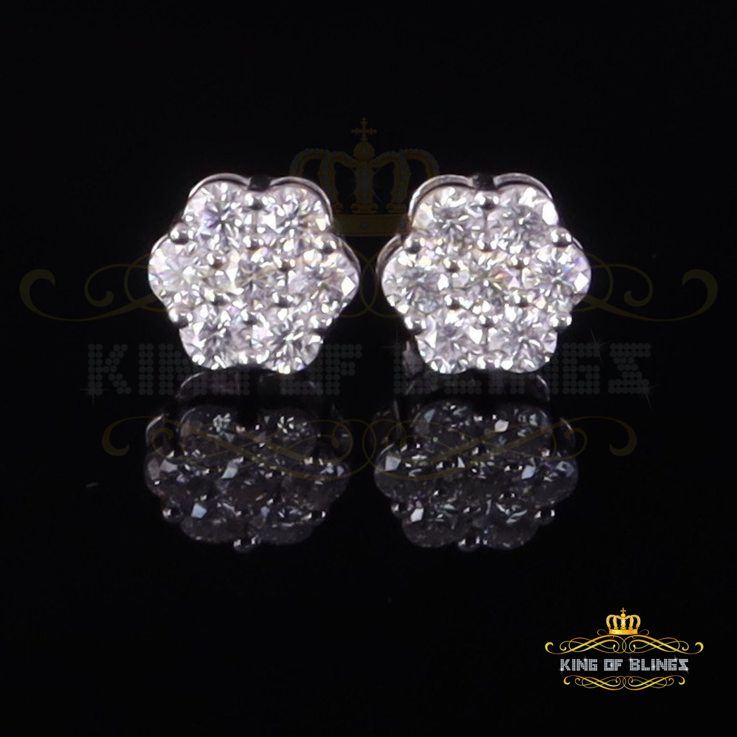 King of Bling's Men's/Womens 925 Silver White 1.00ct VVS 'D' Moissanite Floral Stud Earrings KING OF BLINGS