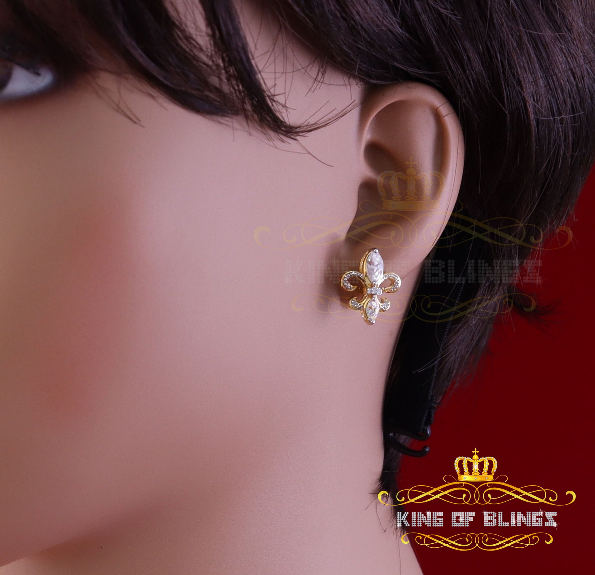 King of Bling's 925 Yellow Silver Ladies Fleur de Lis Screw Back 2.43ct Cubic Zirconia Earrings KING OF BLINGS