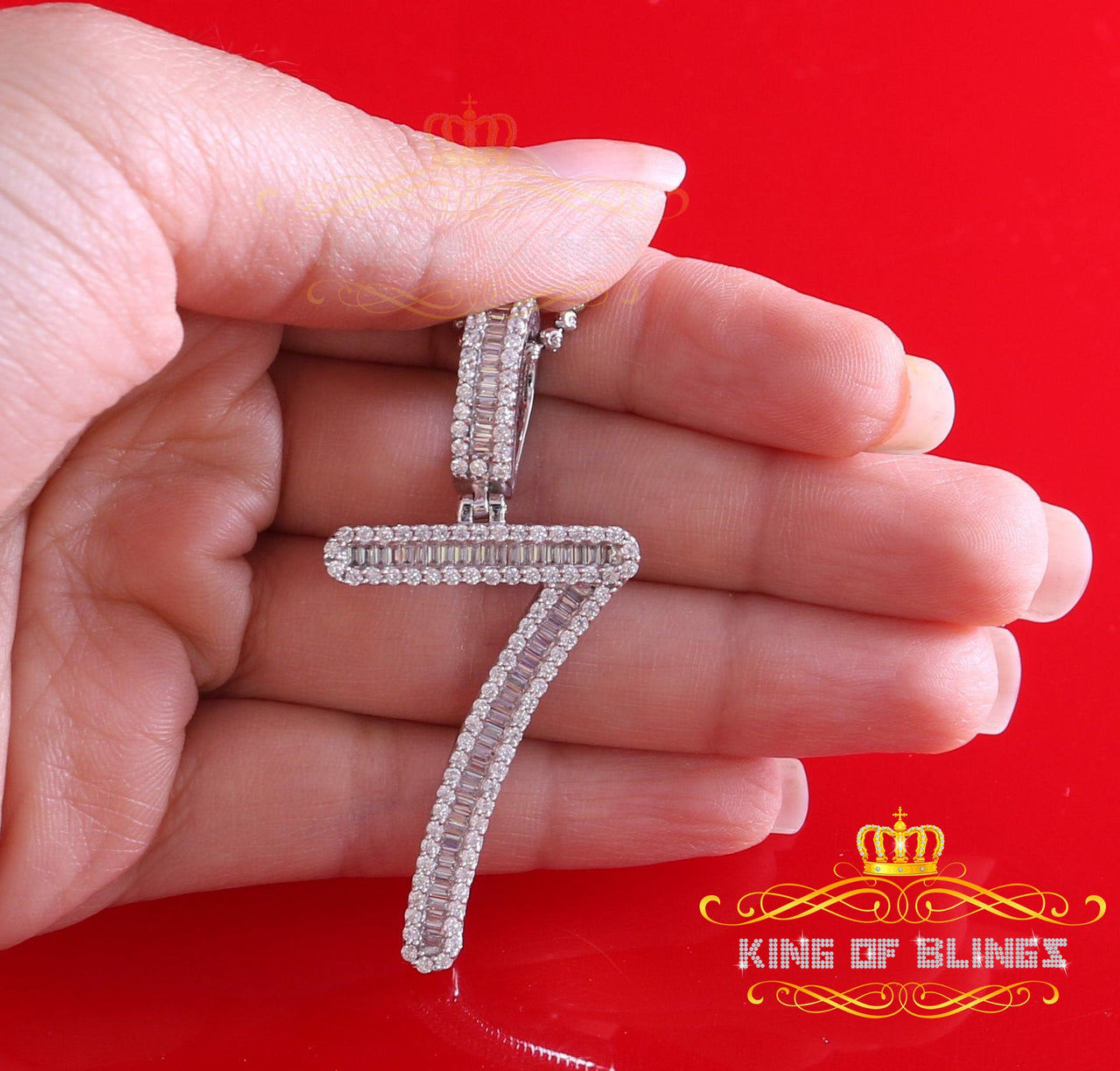White Sterling Silver Numberic Number '7' Pendant 3.66ct Cubic Zirconia Stone KING OF BLINGS