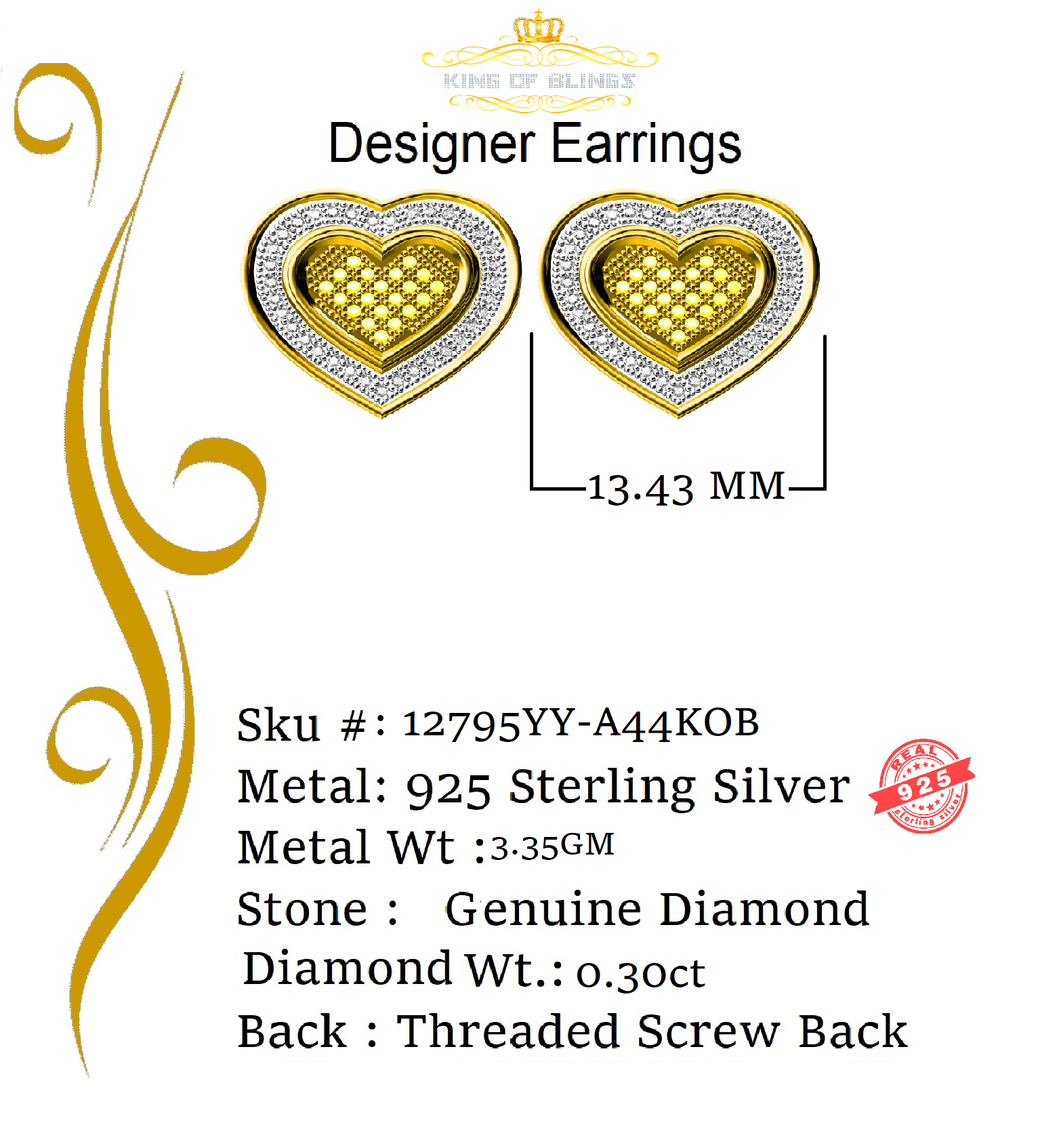 King of Blings-Aretes Para Hombre Heart 925 Yellow Silver 0.30ct Diamond Women's /Men's Earring KING OF BLINGS