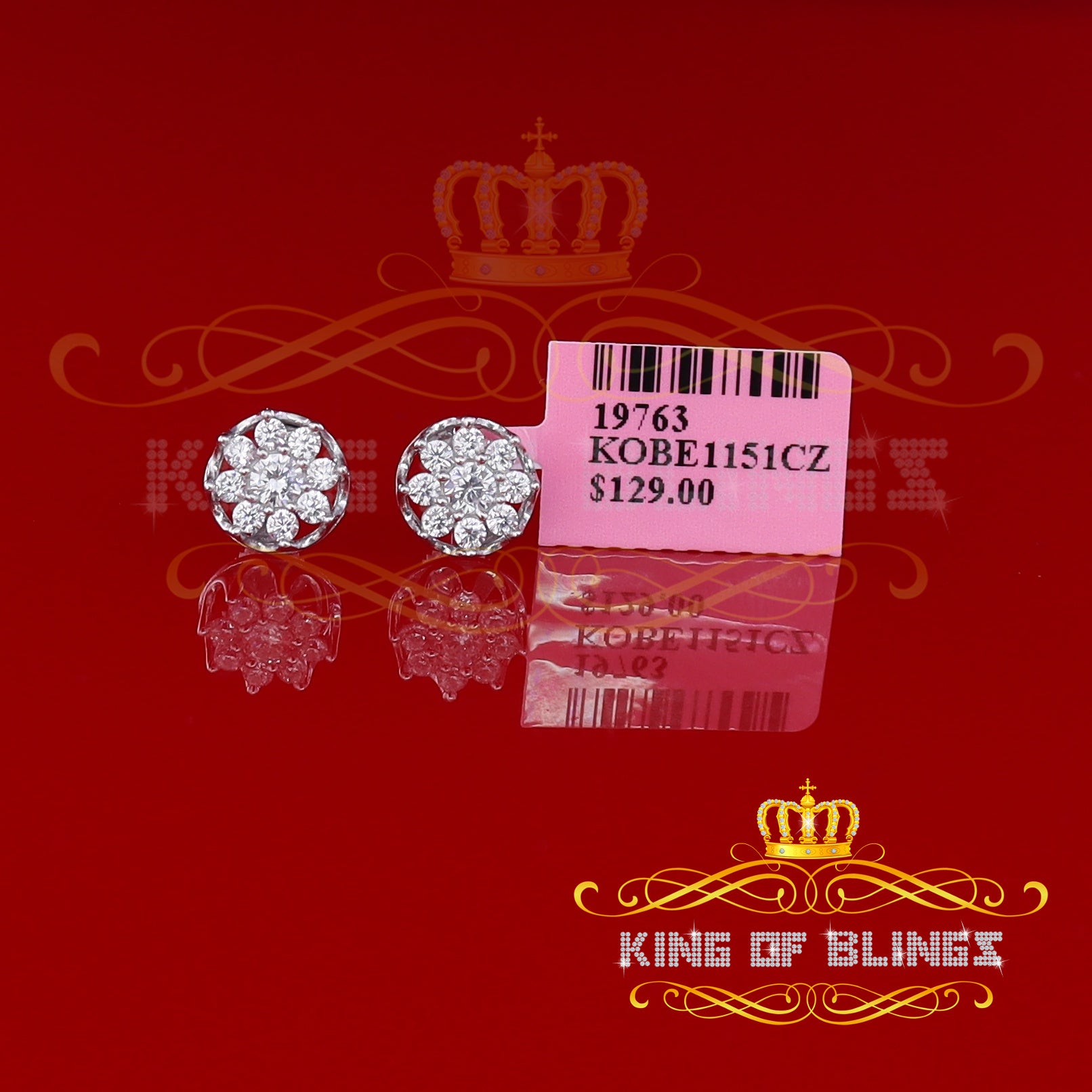 King of Blings- 925 White Silver Sterling 1.34ct Cubic Zirconia Hip Hop Floral Women's Earrings KING OF BLINGS