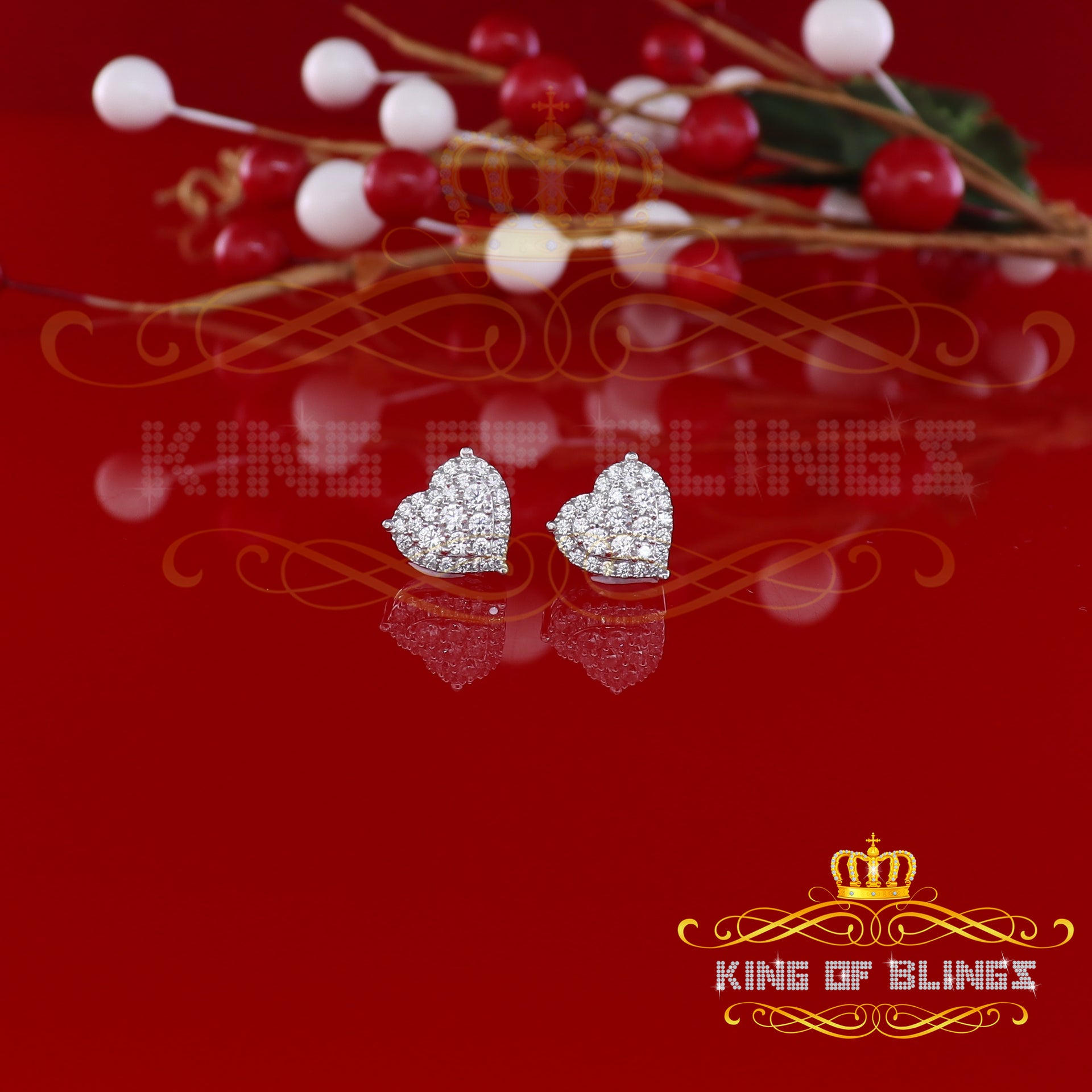 King of Blings- Aretes Para Hombre 925 White Silver 1.64ct Cubic Zirconia Heart Women's Earrings KING OF BLINGS