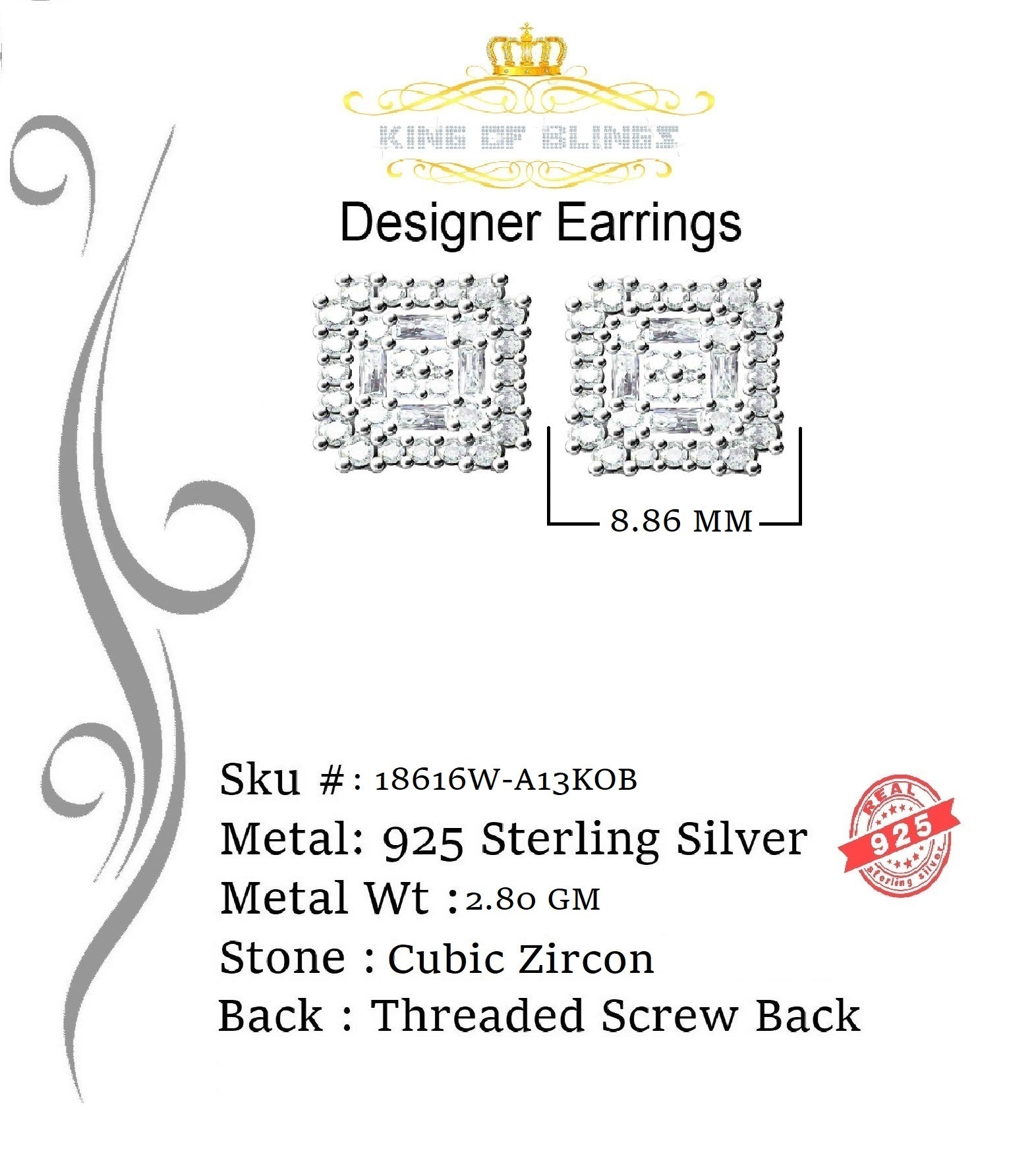 King of Blings- 1.18ct Cubic Zirconia 925 White Silver Women's & Men's Hip Hop Square Earrings KING OF BLINGS