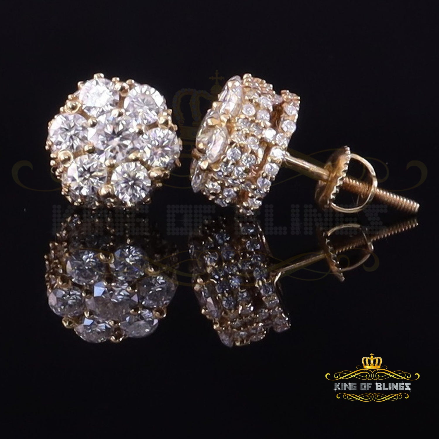 King  of Bling's Men's/Women's 925 Silver Yellow 2.00ct VVS 'D' Moissanite 7 Floral Stud Earrings KING OF BLINGS