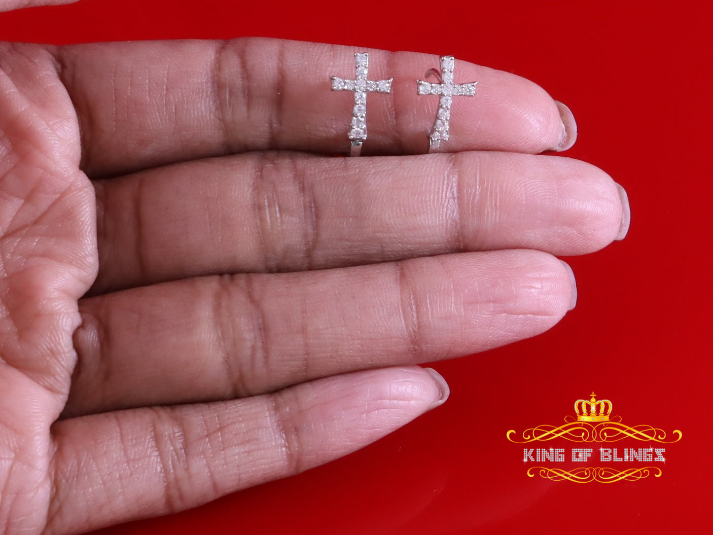 King of Bling's 925 Silver Round Shape White Hip Hop Cross Stud Earrings 22 CZ Stones Women KING OF BLINGS