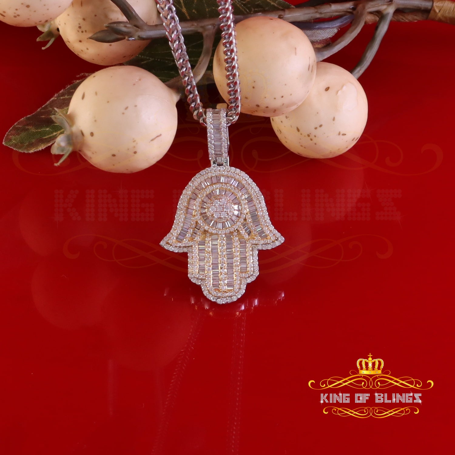 King Of Bling's 4.00ct VVS D Moissanite Baggutte Shape White Silver Hamsa Pendant Men & Women KING OF BLINGS