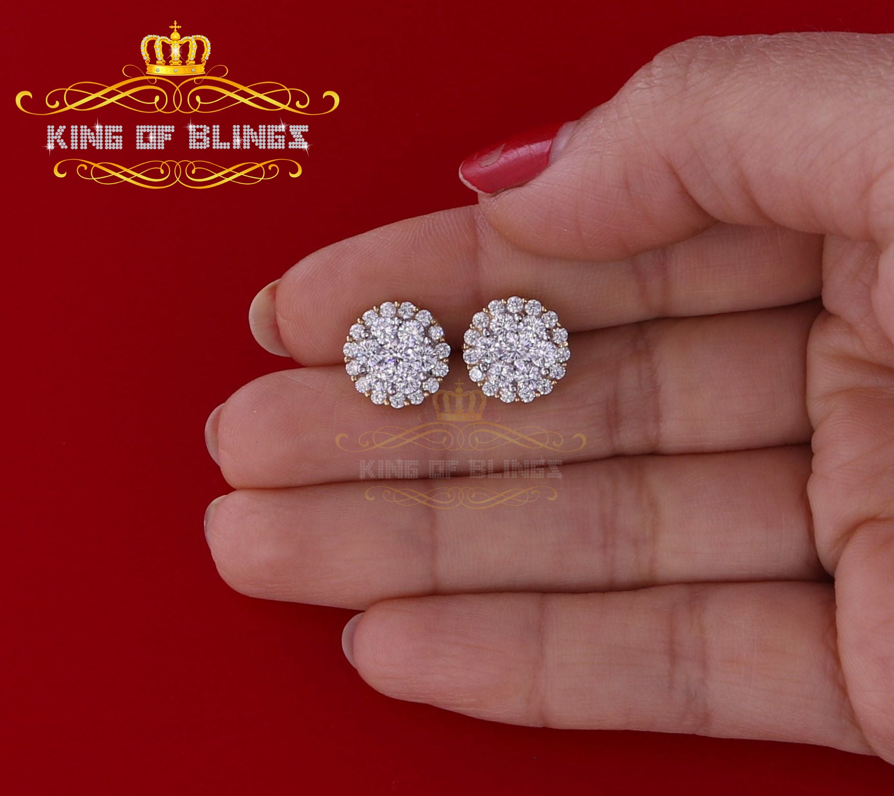 King of Bling's Aretes Para Hombre 925 Yellow Silver 2.53ct Cubic Zirconia Round Women's Earring KING OF BLINGS