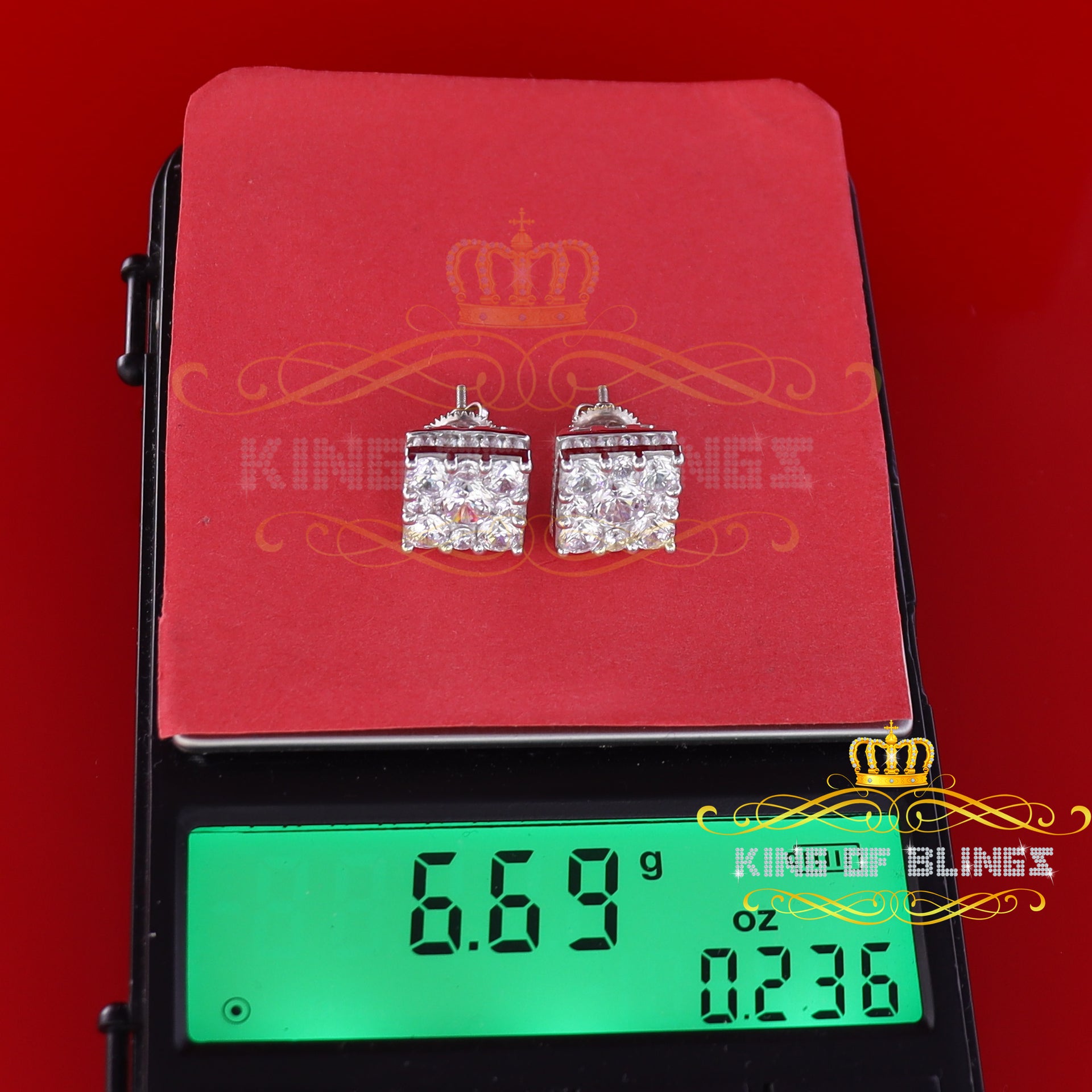 King of Blings- White 2.28ct Cubic Zirconia 925 Sterling Silver Hip Hop Square Ladies Earrings KING OF BLINGS