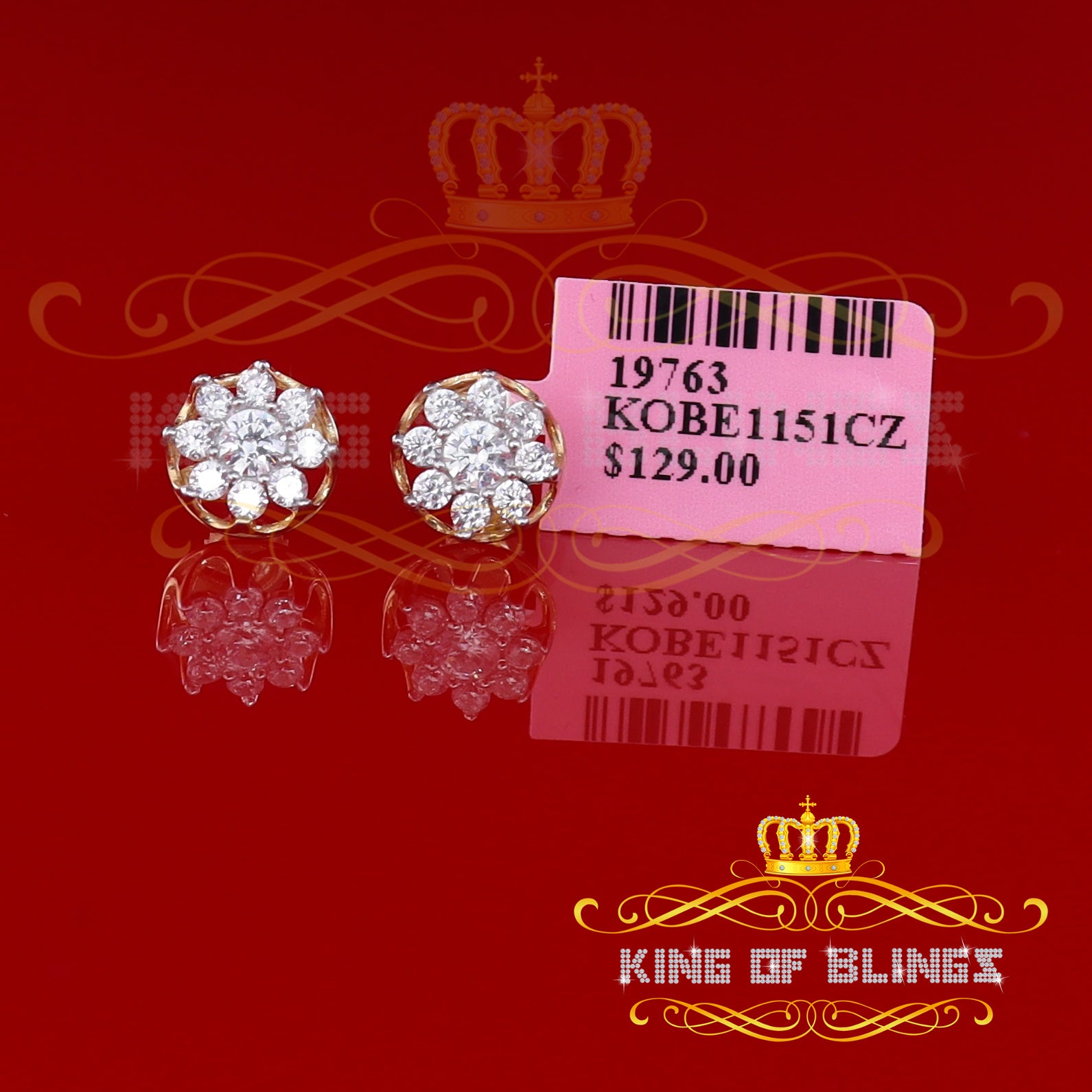 King of Bling's 925 Yellow Silver 1.34ct Cubic Zirconia Hip Hop Floral Women's & Men's Earrings KING OF BLINGS