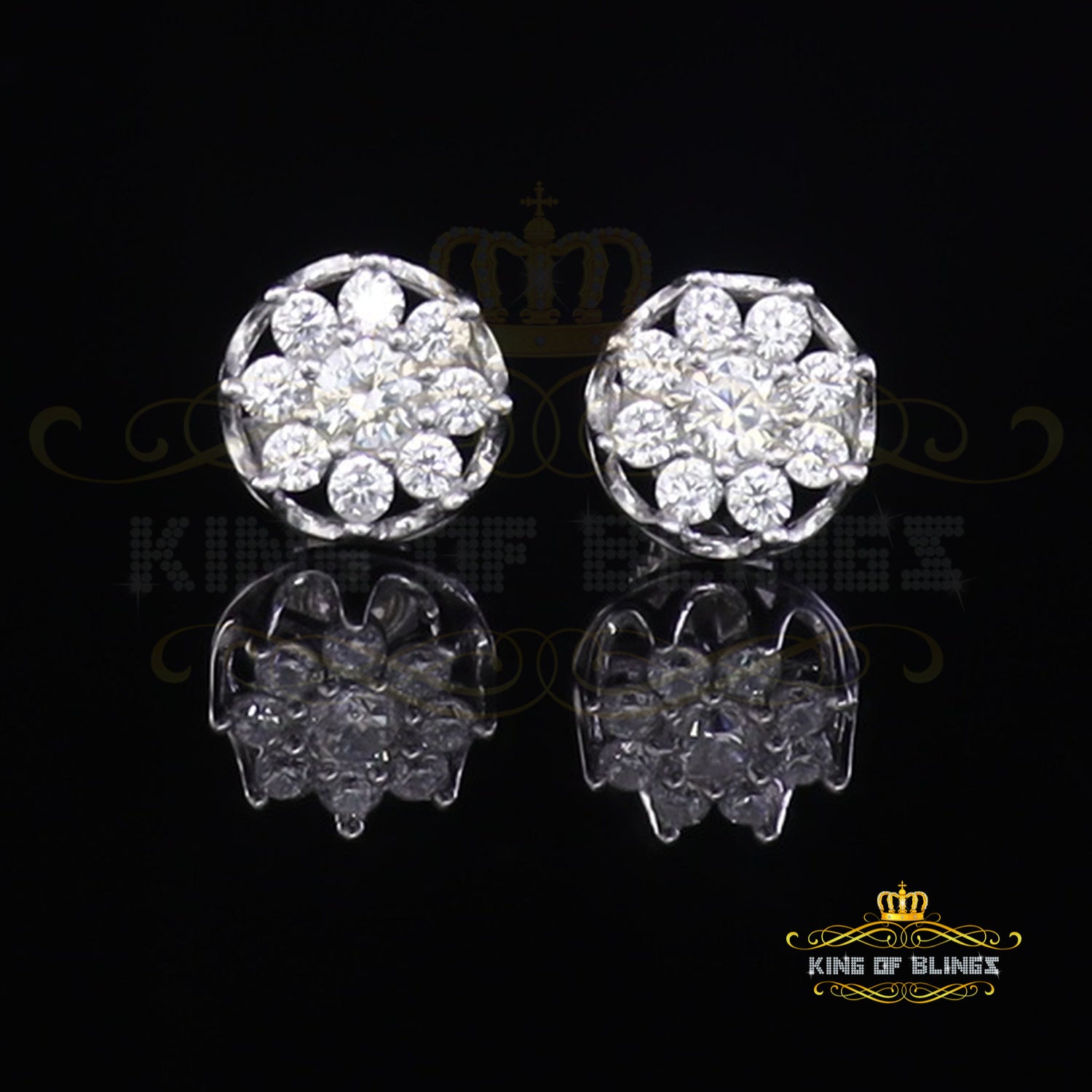 King of Blings- 925 White Silver Sterling 1.34ct Cubic Zirconia Hip Hop Floral Women's Earrings KING OF BLINGS