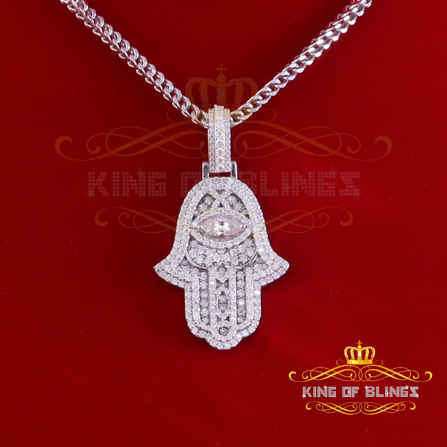 King Of Bling's 3.00ct Moissanite VVS D Baguette 925 Silver White Hamsa Pendant For Women's KING OF BLINGS