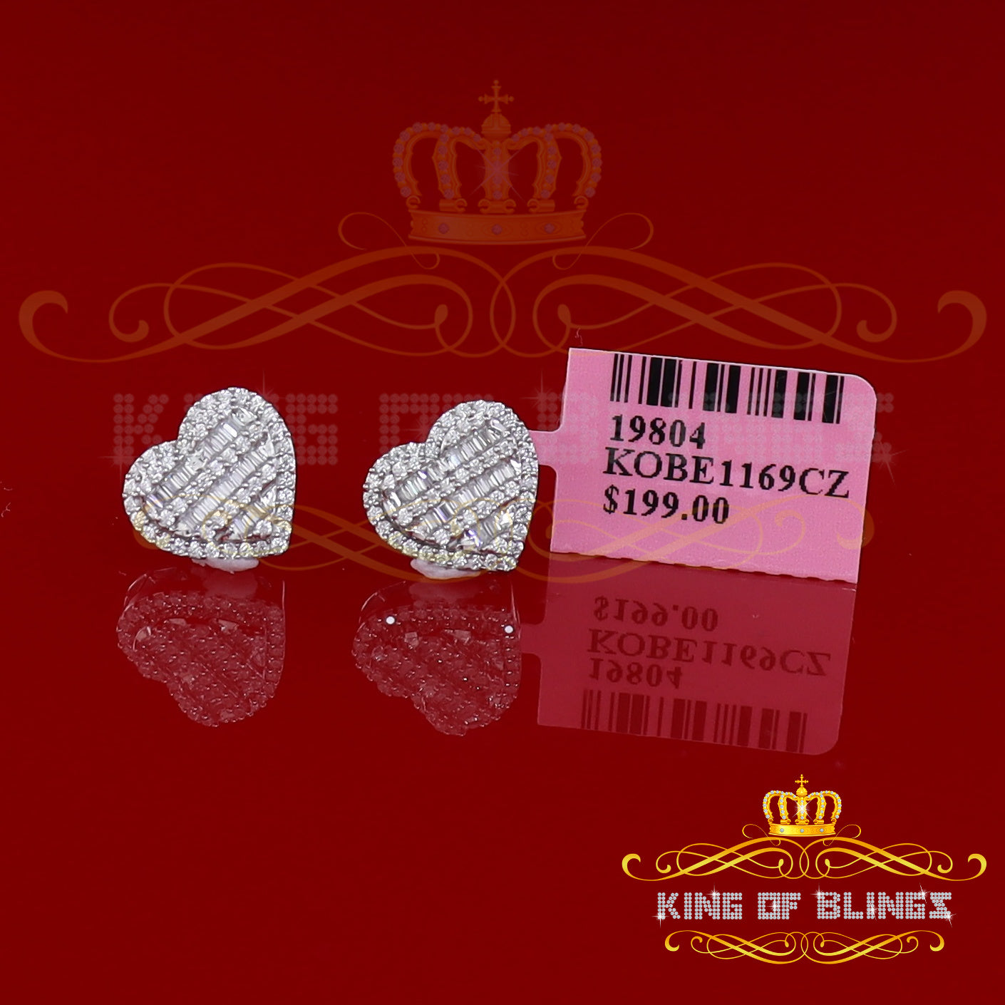 King of Blings- 925 White Sterling Silver 1.48ct Cubic Zirconia Men's & Women's Heart Earrings KING OF BLINGS