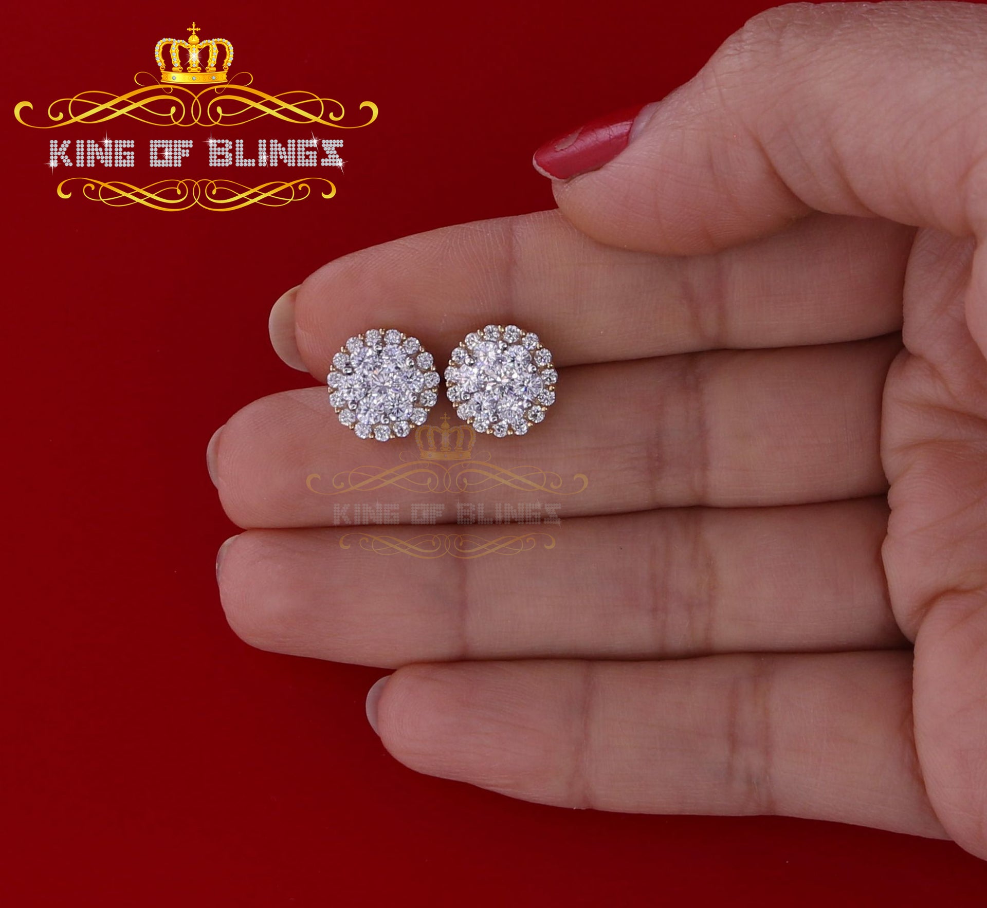 King of Bling's Aretes Para Hombre 925 Yellow Silver 1.49ct Cubic Zirconia Floral Women Earrings KING OF BLINGS