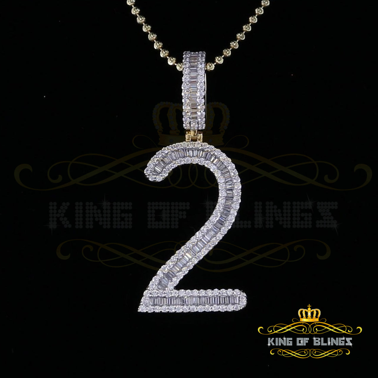 Yellow 925 Silver Baguette Numeric Number 2 Pendant 4.50ct Cubic Zirconia Stone KING OF BLINGS