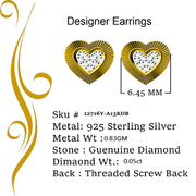 King of Blings-Aretes Para Hombre Heart 925 Yellow Silver 0.05ct Diamond Women & Men Earring KING OF BLINGS