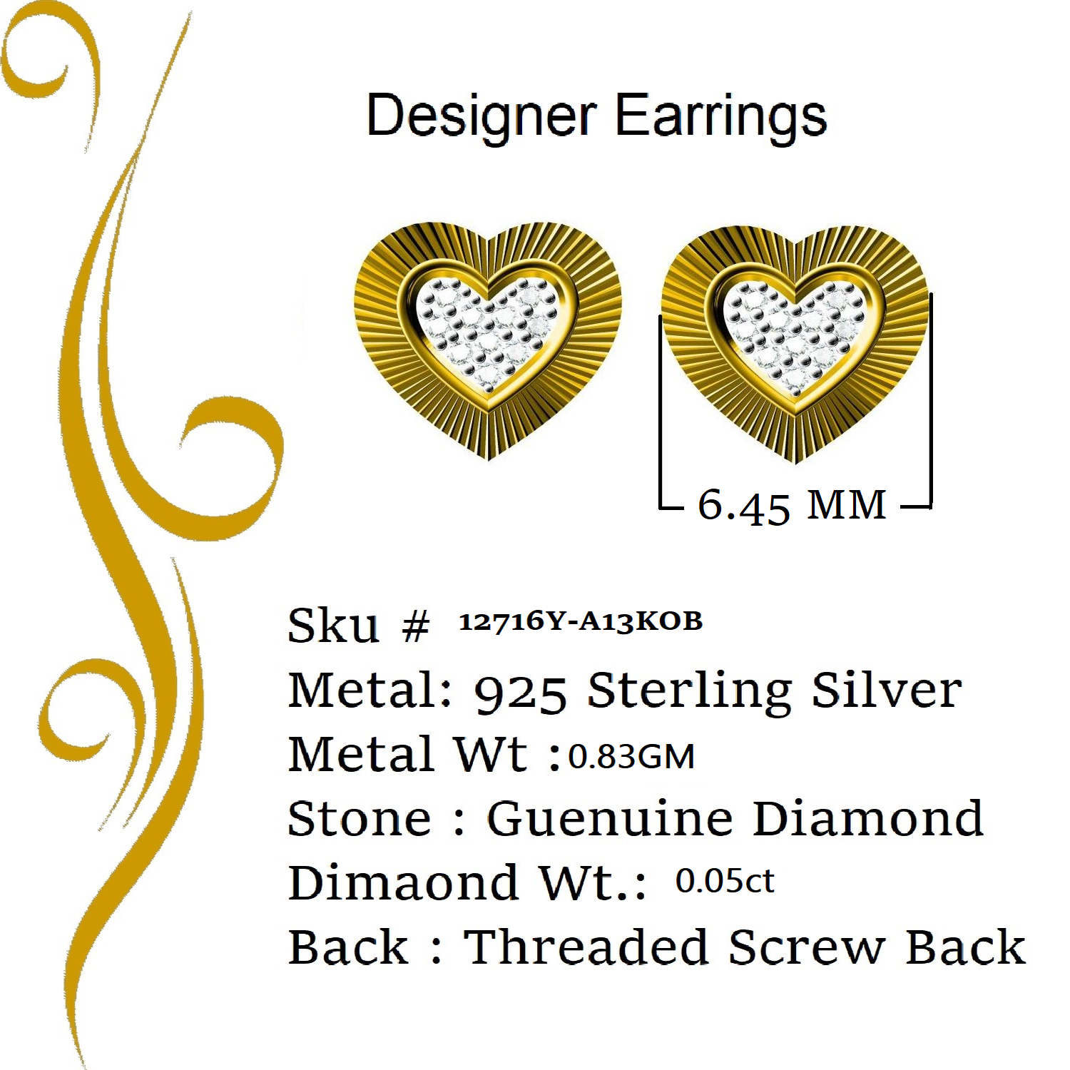 King of Blings-Aretes Para Hombre Heart 925 Yellow Silver 0.05ct Diamond Women & Men Earring KING OF BLINGS