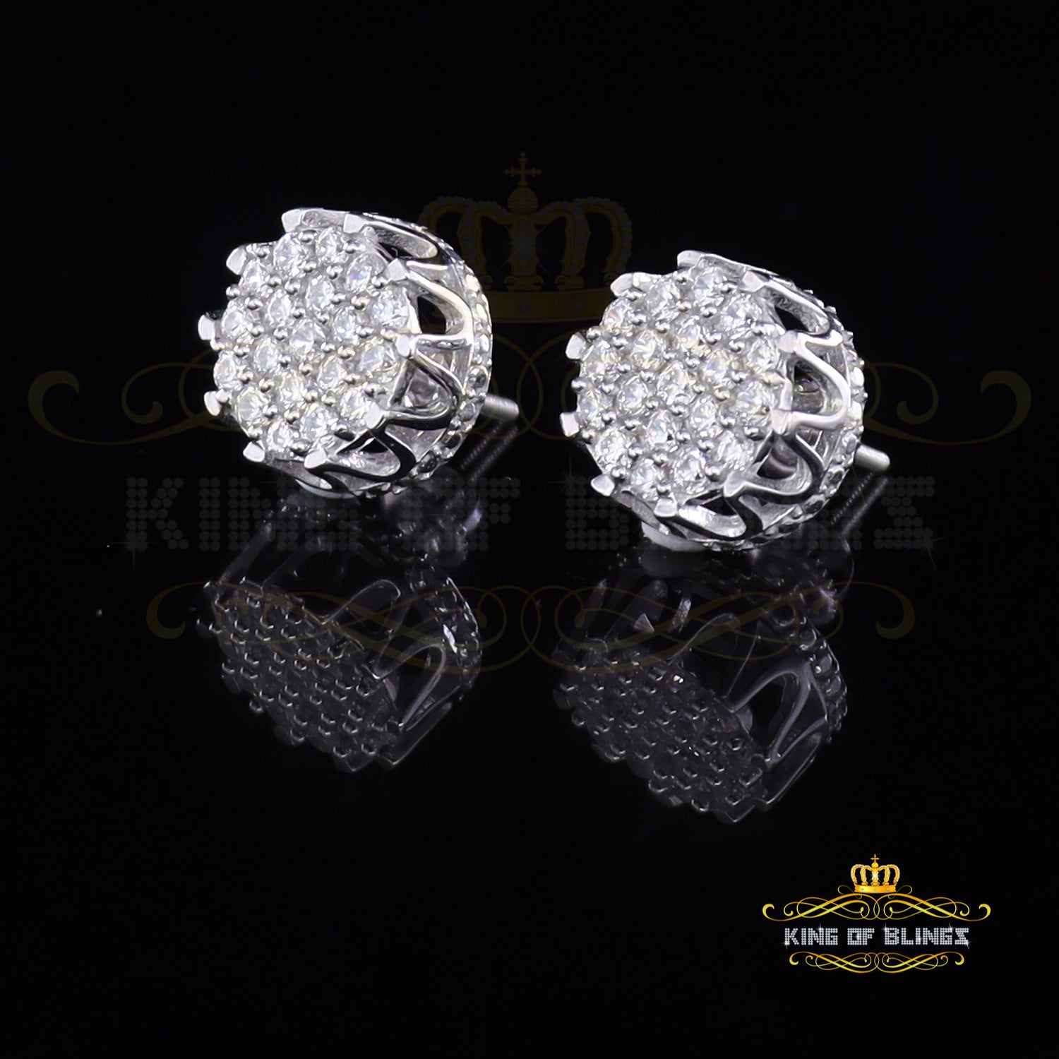King of Blings- White 925 Sterling Silver 2.04ct Cubic Zirconia Women's & Men's Floral Earrings KING OF BLINGS