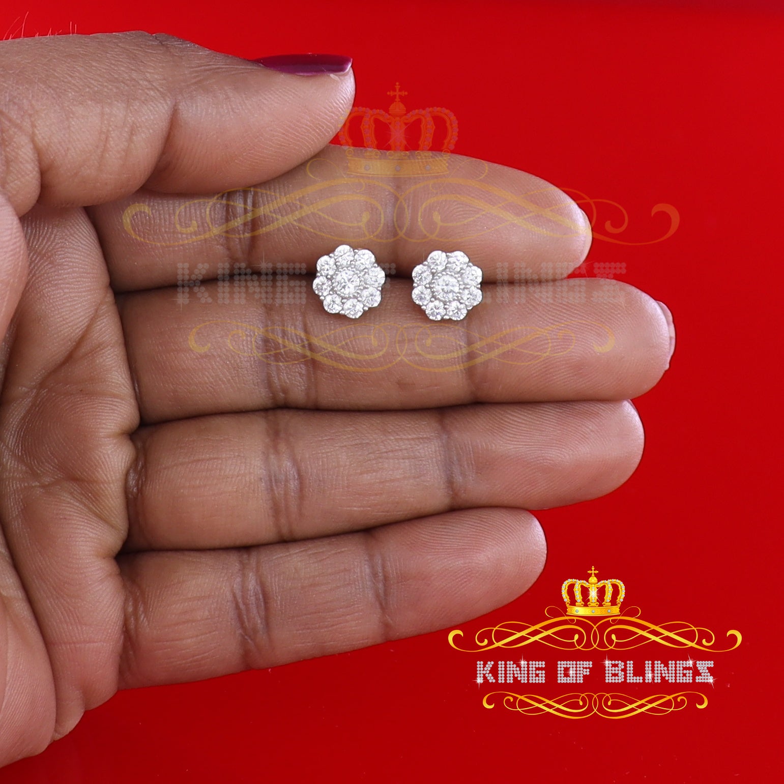 King of Blings- White 925 Silver 2.1ct Cubic Zirconia Women's & Men's Hip Hop Floral Earrings KING OF BLINGS