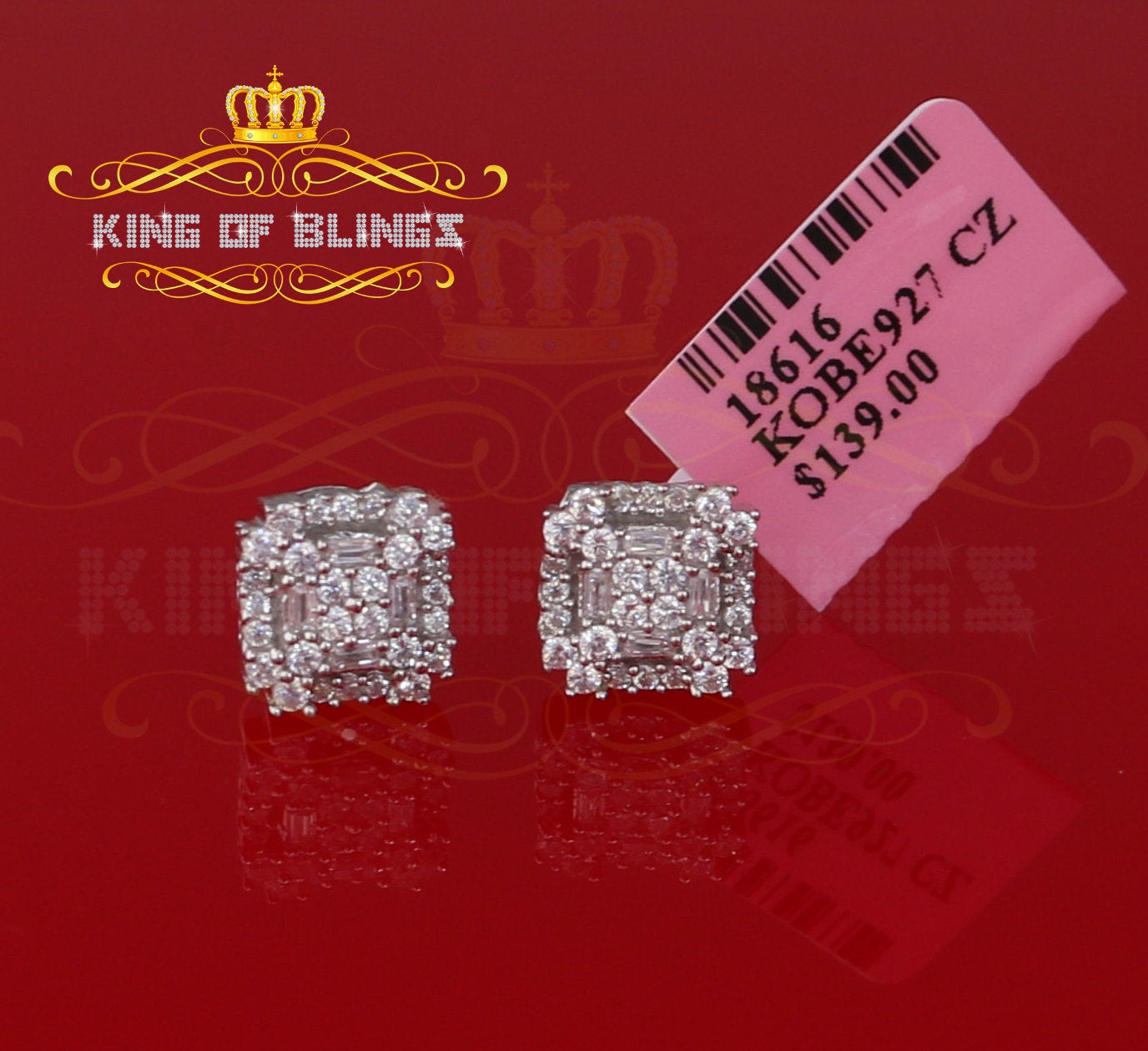 King of Blings- 1.18ct Cubic Zirconia 925 White Silver Women's & Men's Hip Hop Square Earrings KING OF BLINGS