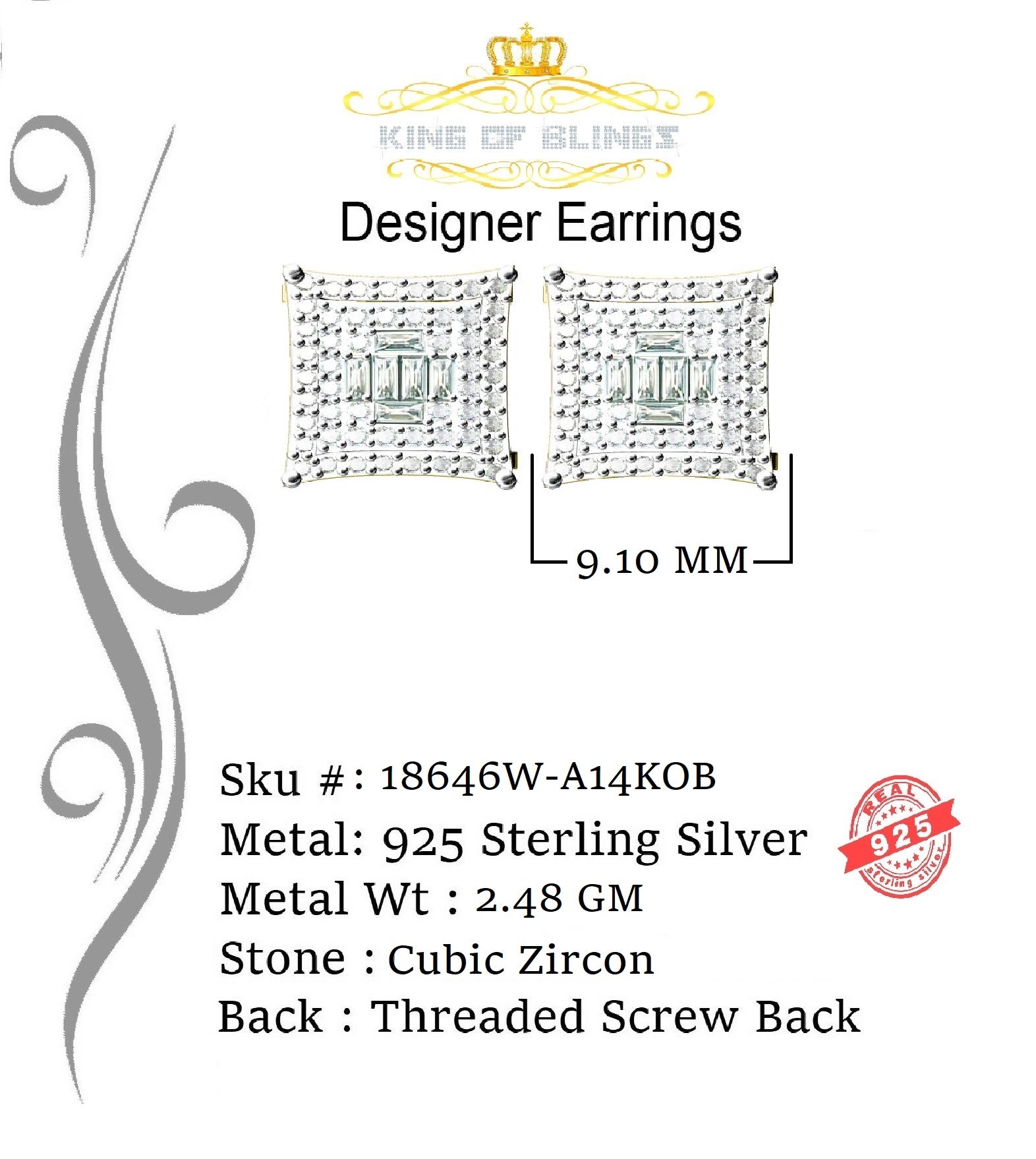 King of Blings- White 925 Sterling Silver 0.72ct Cubic Zirconia Hip Hop Women's Square Earrings KING OF BLINGS