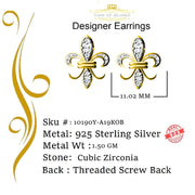 King of Bling's 925 Yellow Silver Fleur de Lis Screw Back 0.25ct Cubic Zirconia Ladies Earrings KING OF BLINGS