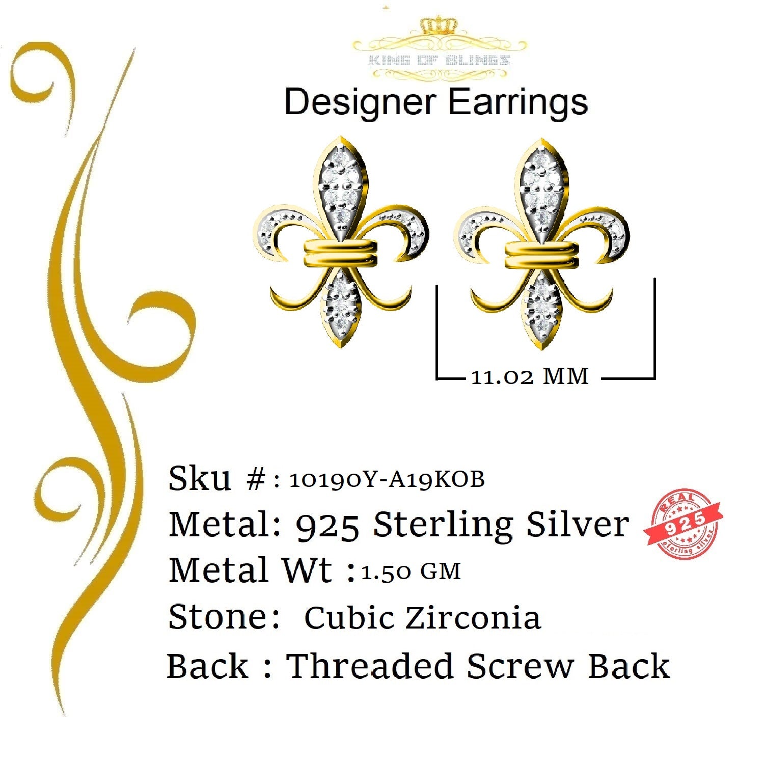 King of Bling's 925 Yellow Silver Fleur de Lis Screw Back 0.25ct Cubic Zirconia Ladies Earrings KING OF BLINGS