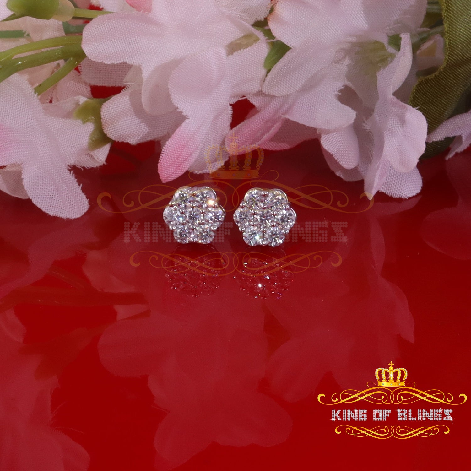 King of Bling's Men's/Womens 925 Silver White 1.00ct VVS 'D' Moissanite Floral Stud Earrings KING OF BLINGS
