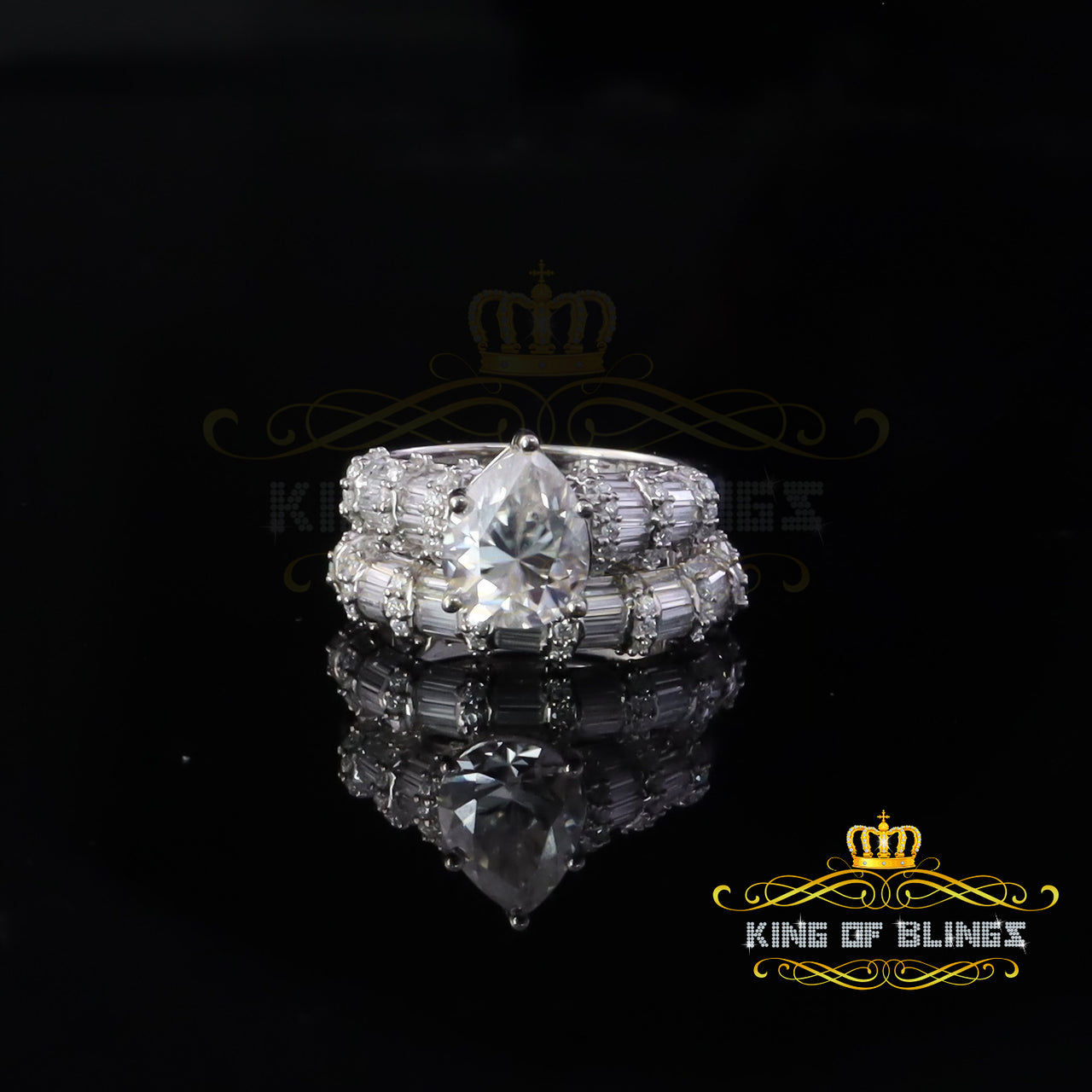 King of Bling's 6.00ct Silver Pear Cut White 925 Moissanite Sapphire 2pcs Bridal Set Ring Size 8