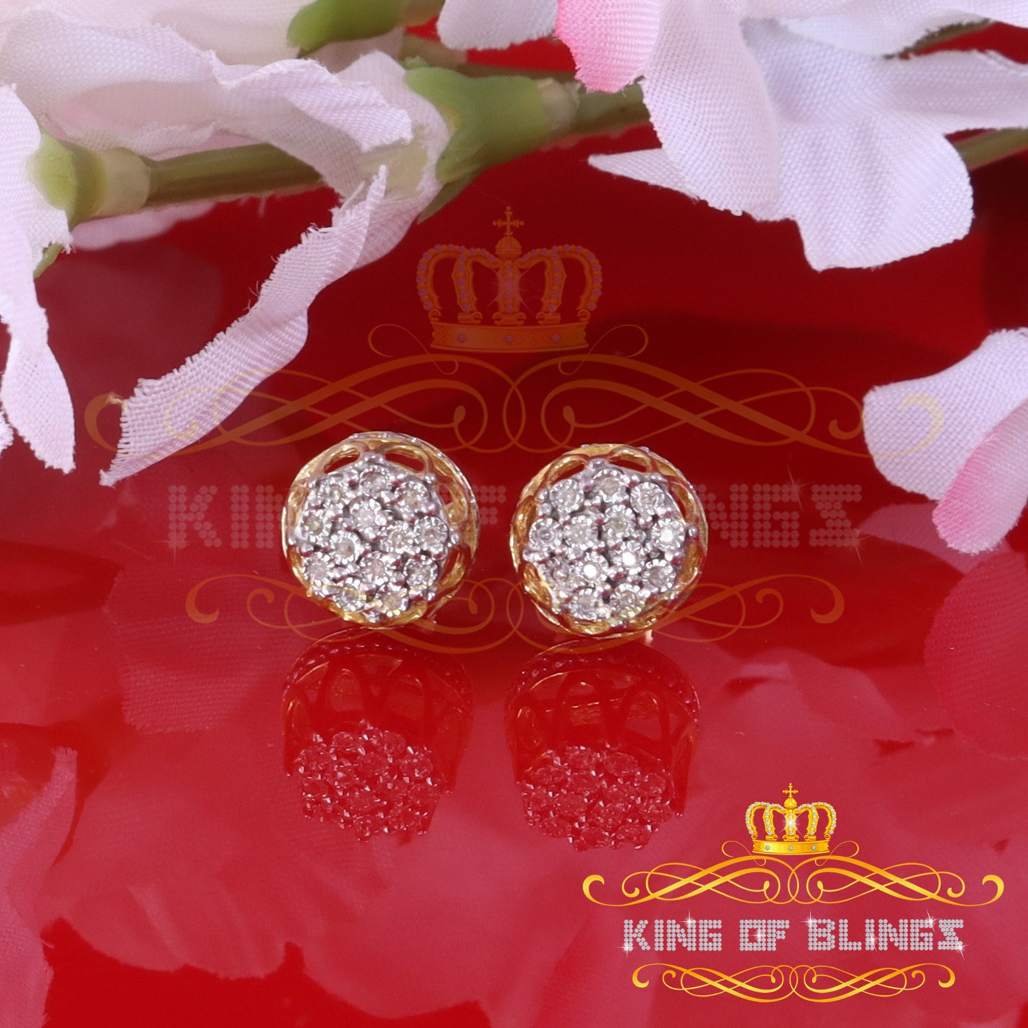 King of Blings-0.07ct Diamond 925 Sterling Yellow Silver For Men's & Womens Stud Round Earring KING OF BLINGS