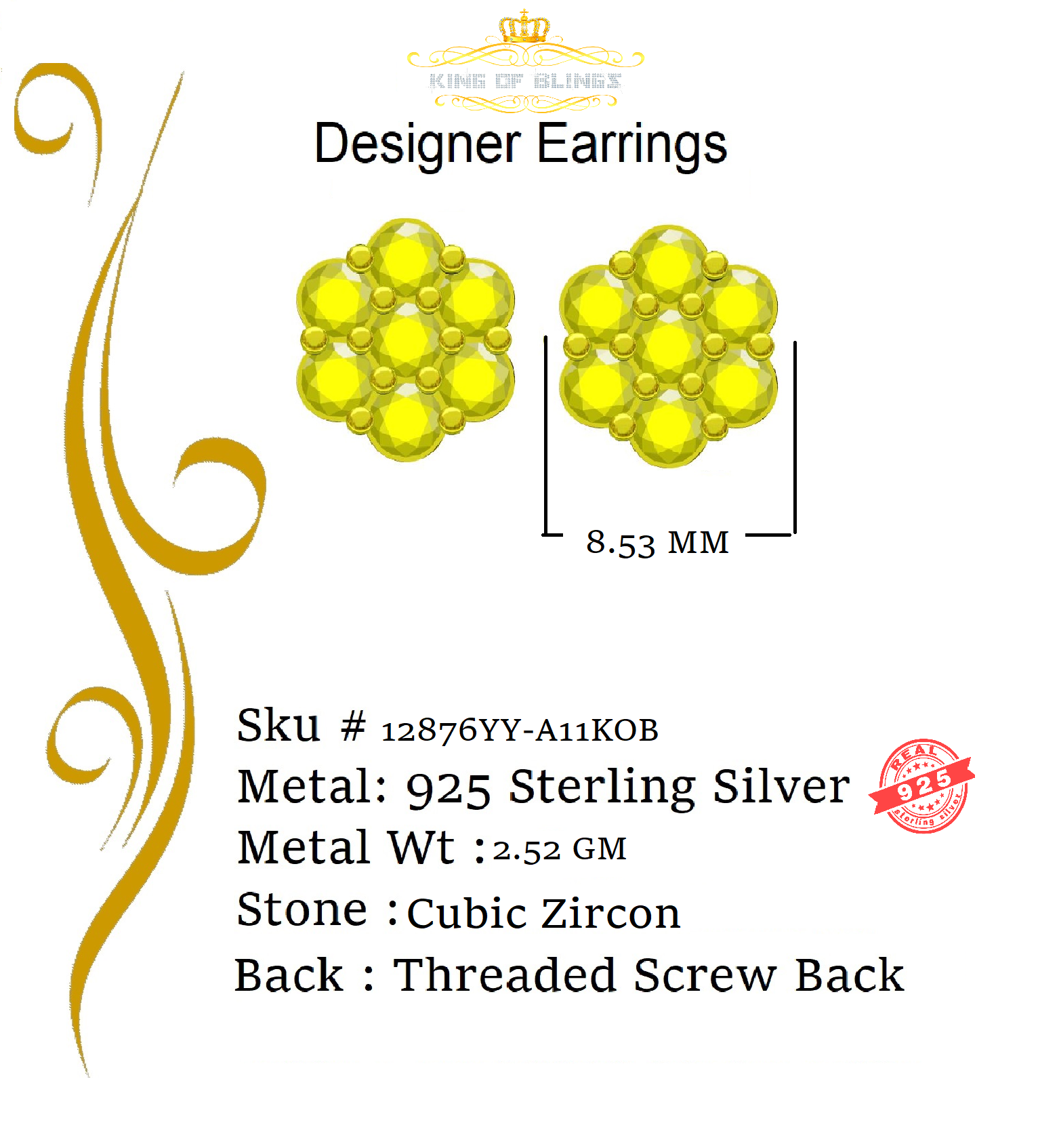 King of Bling's 4.12ct Cubic Zirconia 925 Yellow Silver Women's & Men's Hip Hop Flower Earrings KING OF BLINGS