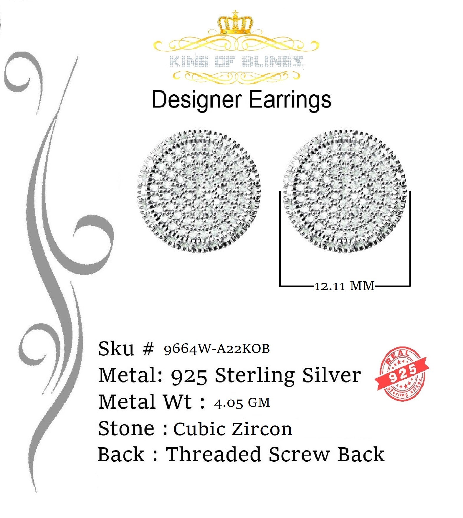 King of Blings- Aretes Para Hombre 925 White Silver 1.94ct Cubic Zirconia Round Women's Earrings KING OF BLINGS