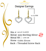 King of Bling's 925 Yellow Silver 0.58ct Cubic Zirconia Dangling Heart Women's/ Men's Earrings KING OF BLINGS