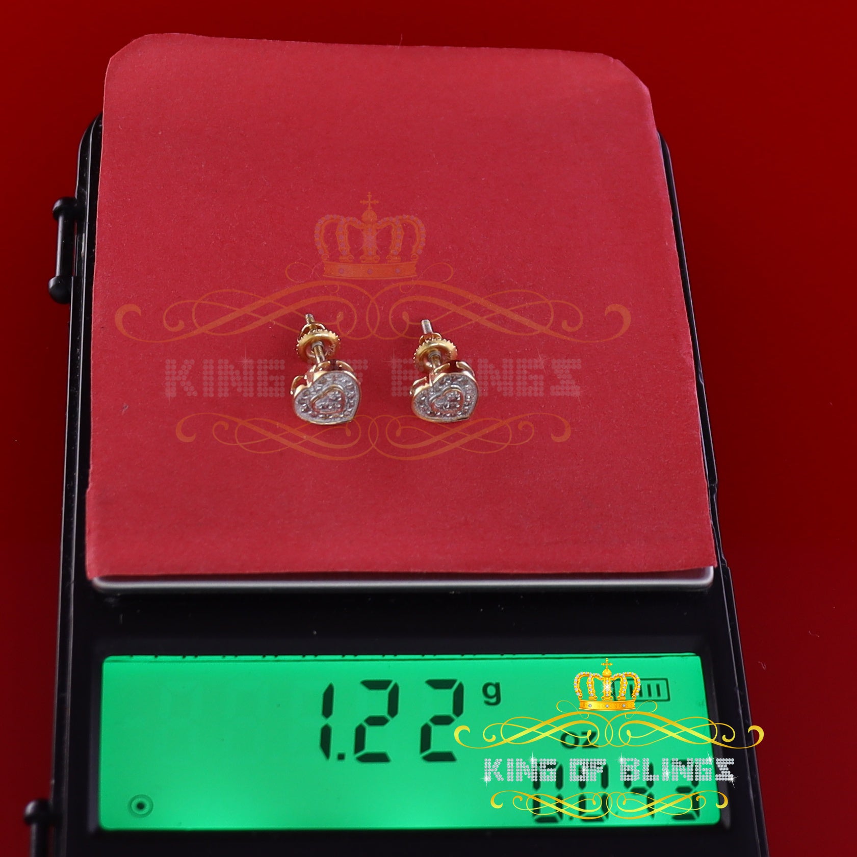 King of Blings-Micro Pave 0.11ct Real Diamonds 925 Yellow Silver Women's & Men's Heart Earrings KING OF BLINGS