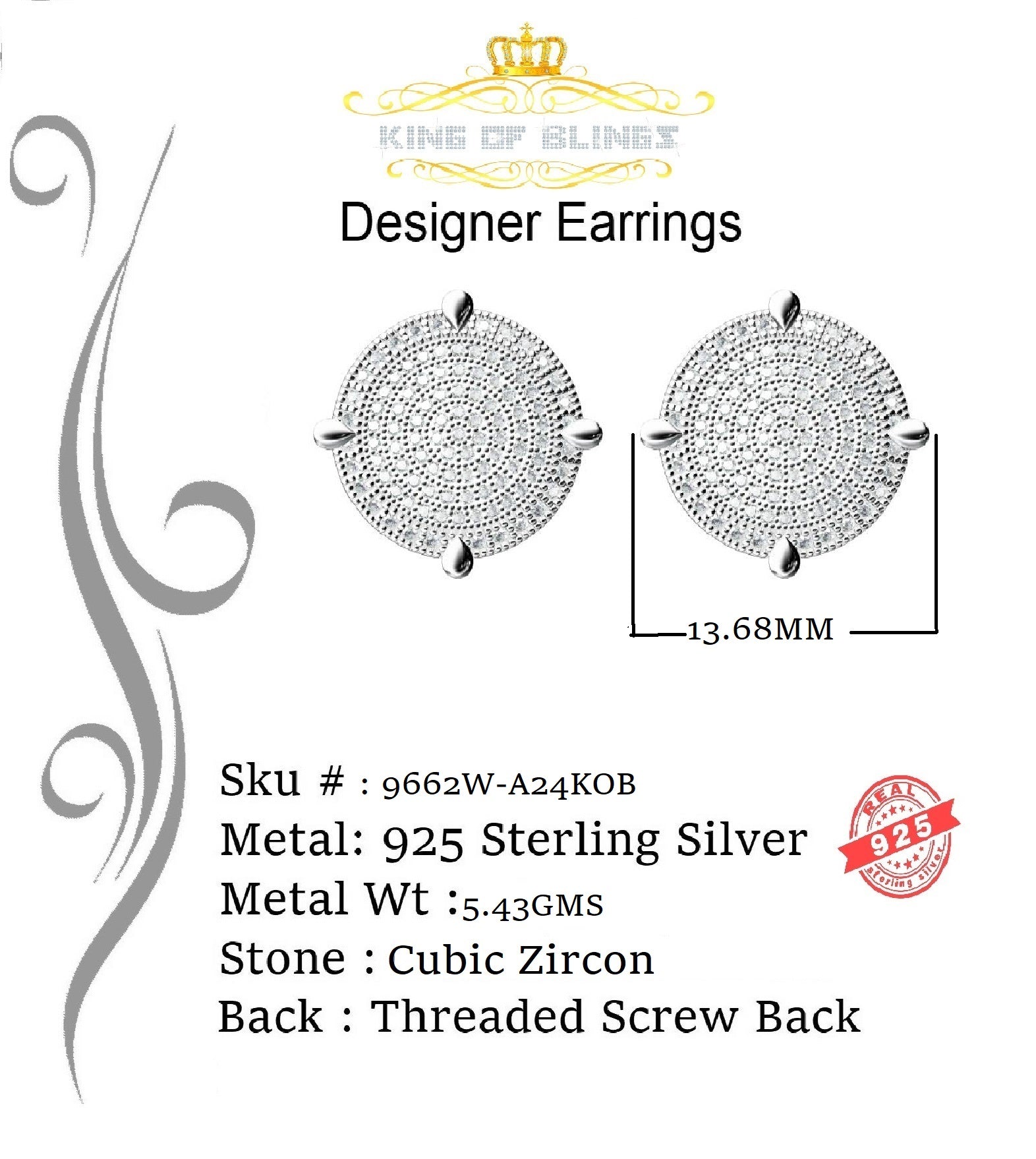 King of Blings- Aretes Para Hombre 925 White Silver1.18ct Cubic Zirconia Round Women's Earrings KING OF BLINGS