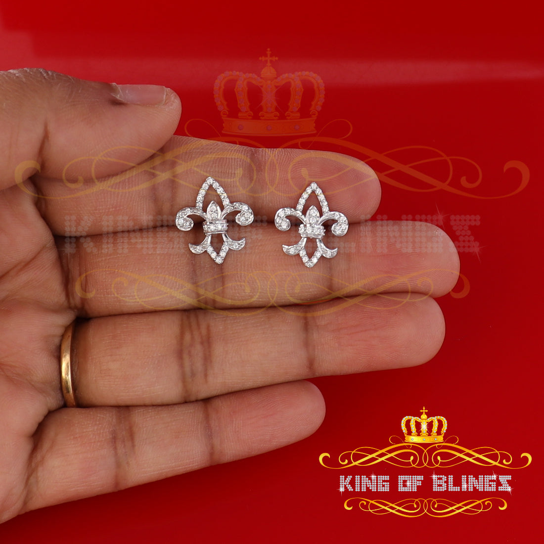 King of Blings- 925 White Silver 0.60ct Cubic Zirconia Fleur de Lis Screw Back Women's Earrings KING OF BLINGS