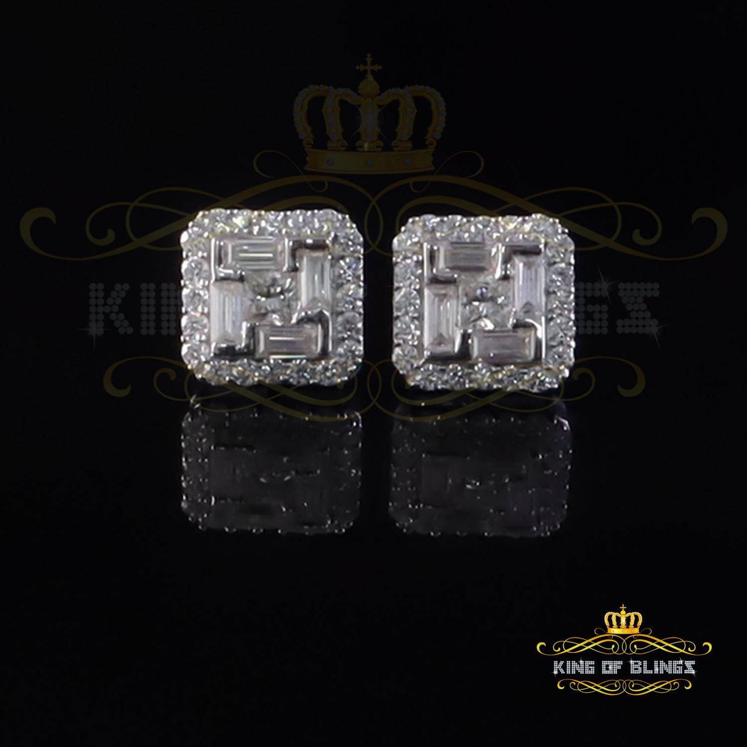 King of Bling's New Men's White 925 Silver 1.66ct VVS D Moissanite Square Stud Womens Earring KING OF BLINGS